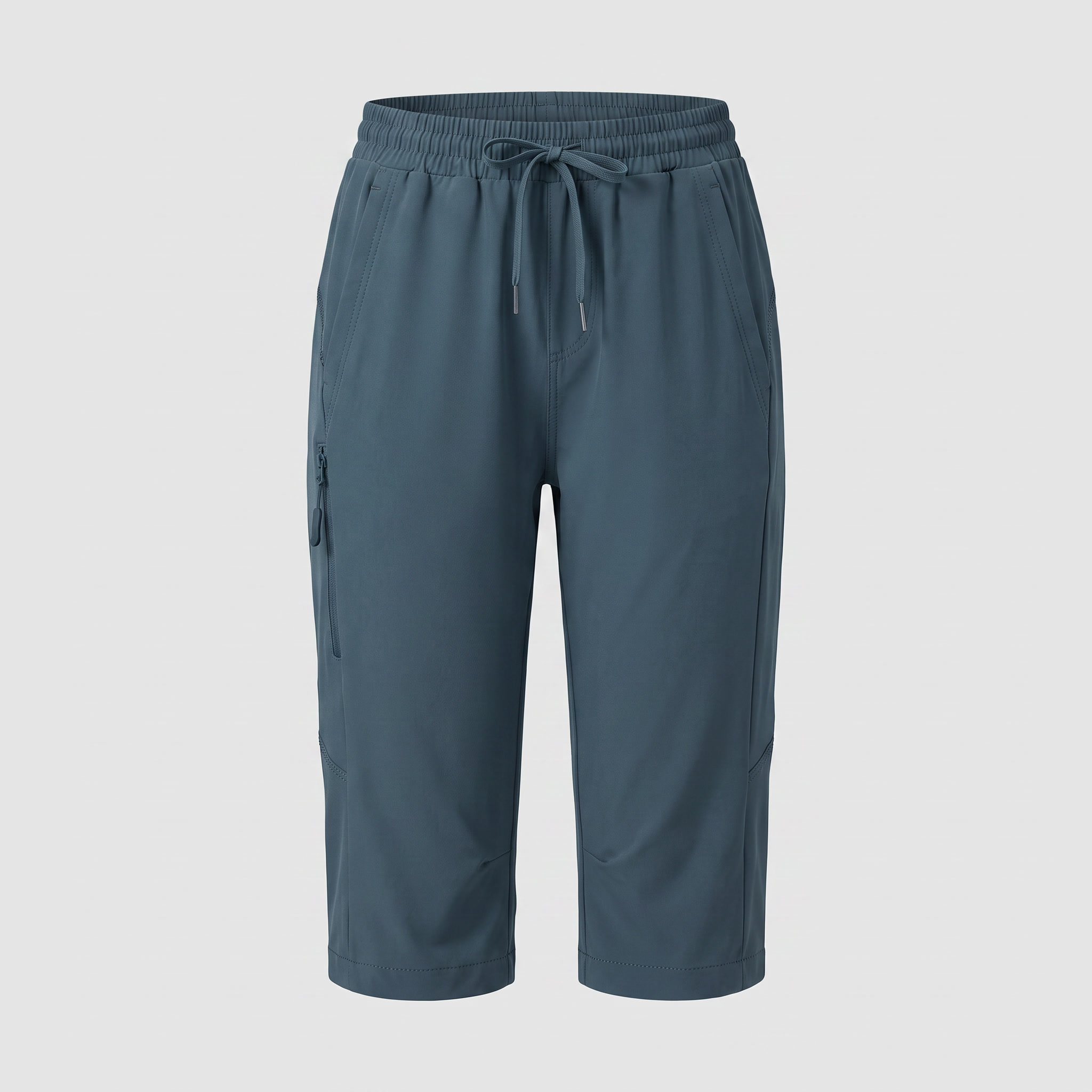 Women's knee-length hiking shorts in ash grey, ghost mannequin front