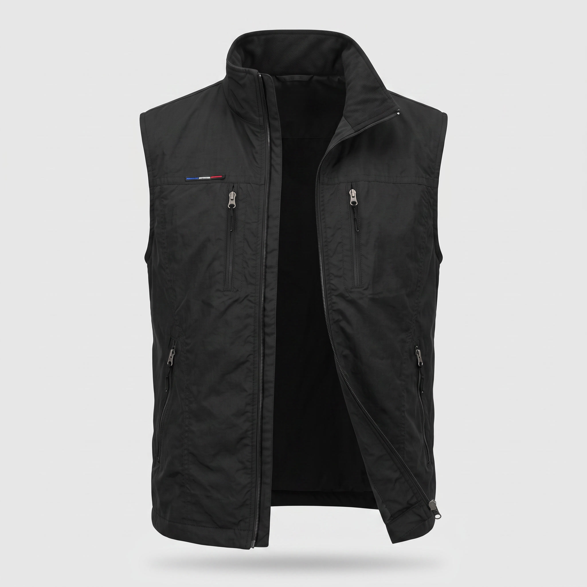 Men's lightweight outdoor vest in black, ghost mannequin front