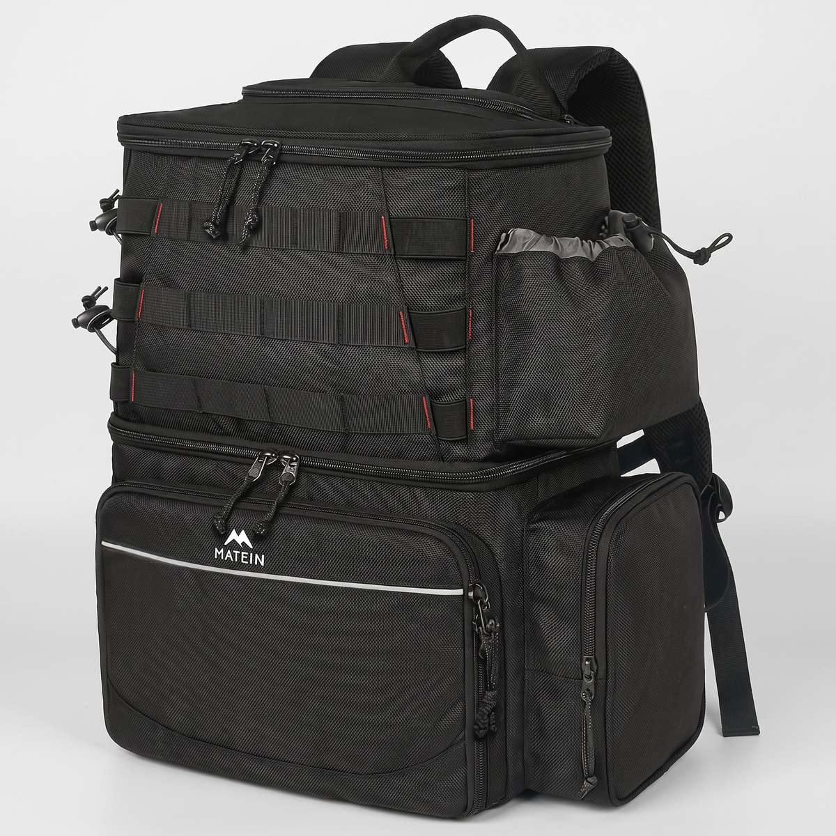 Fishing cooler backpack in black, three-quarter view