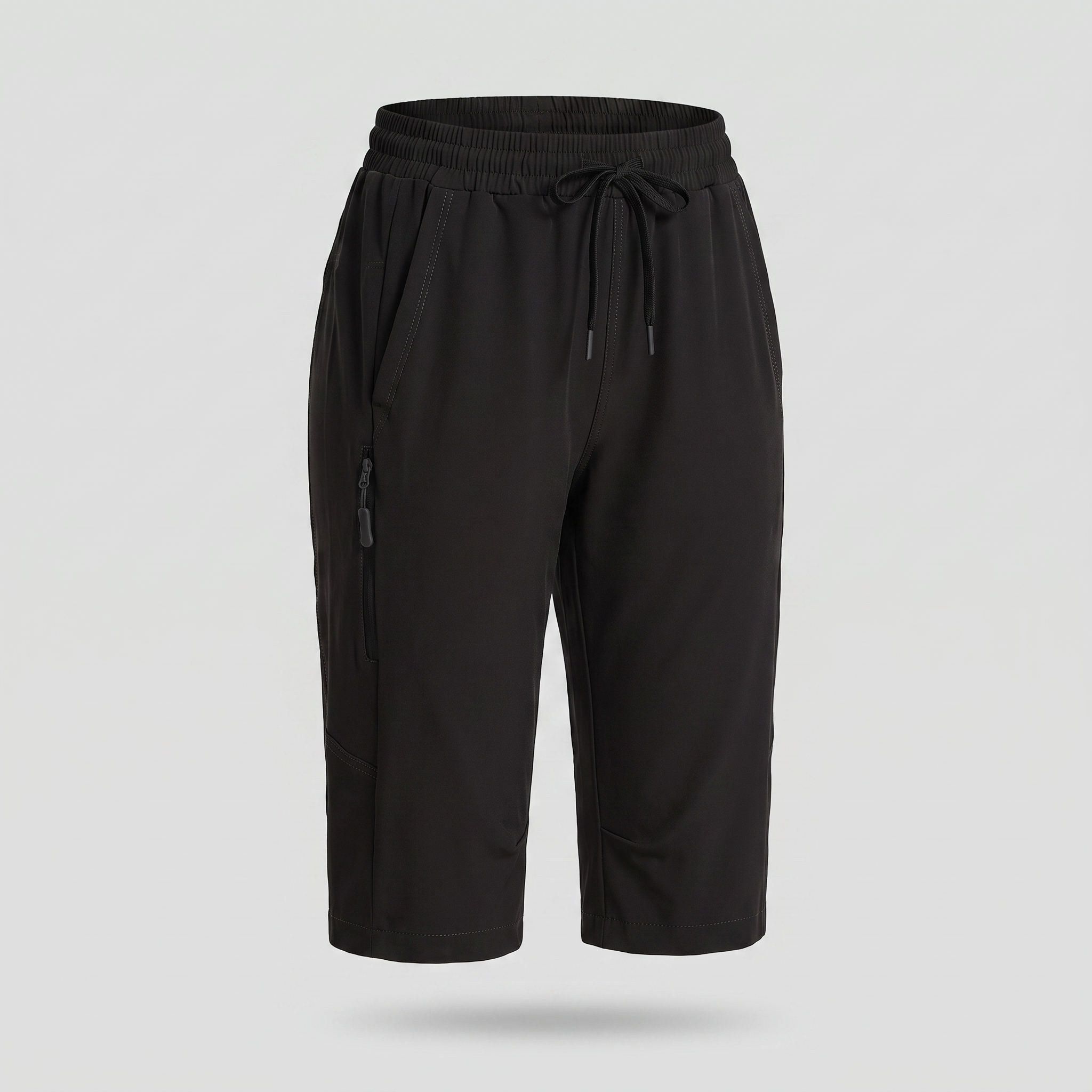 Women's knee-length hiking shorts in black, ghost mannequin front