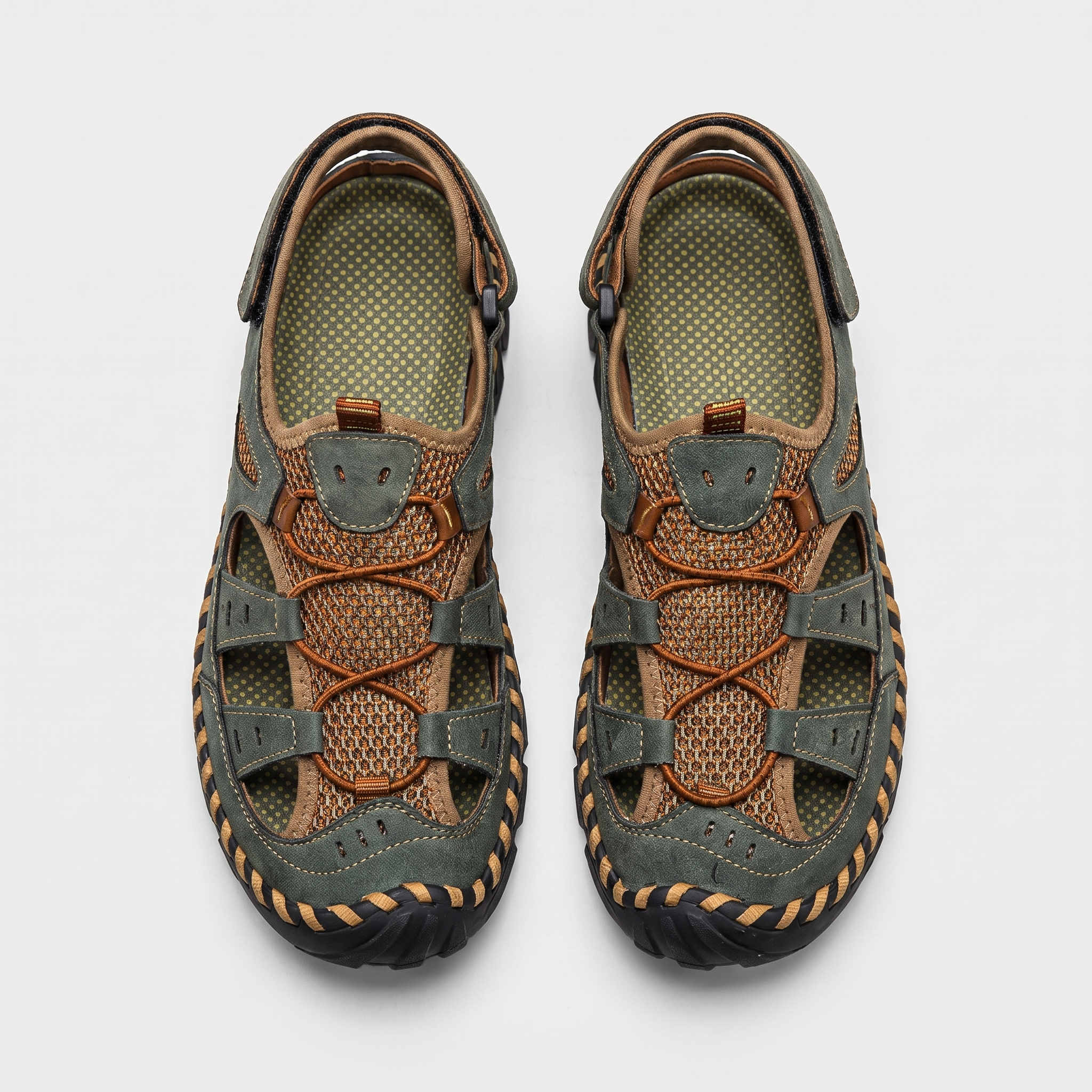 Men's closed-toe leather and mesh sandals in olive green, top-down pair