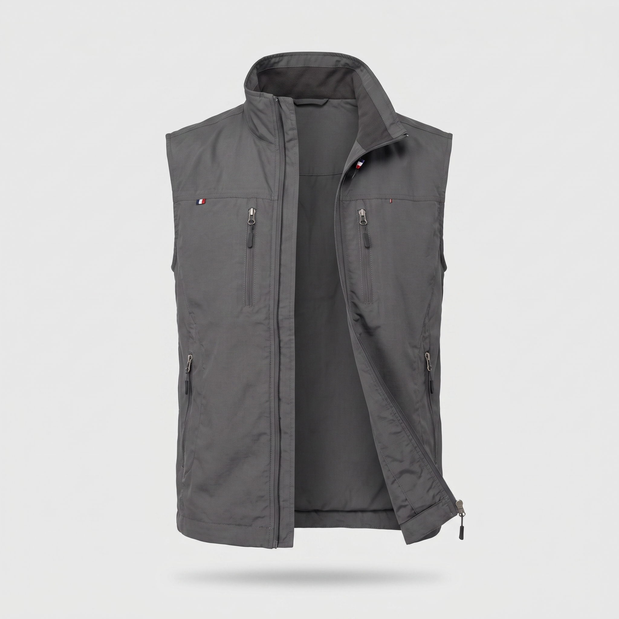 Men's lightweight outdoor vest in grey, ghost mannequin front