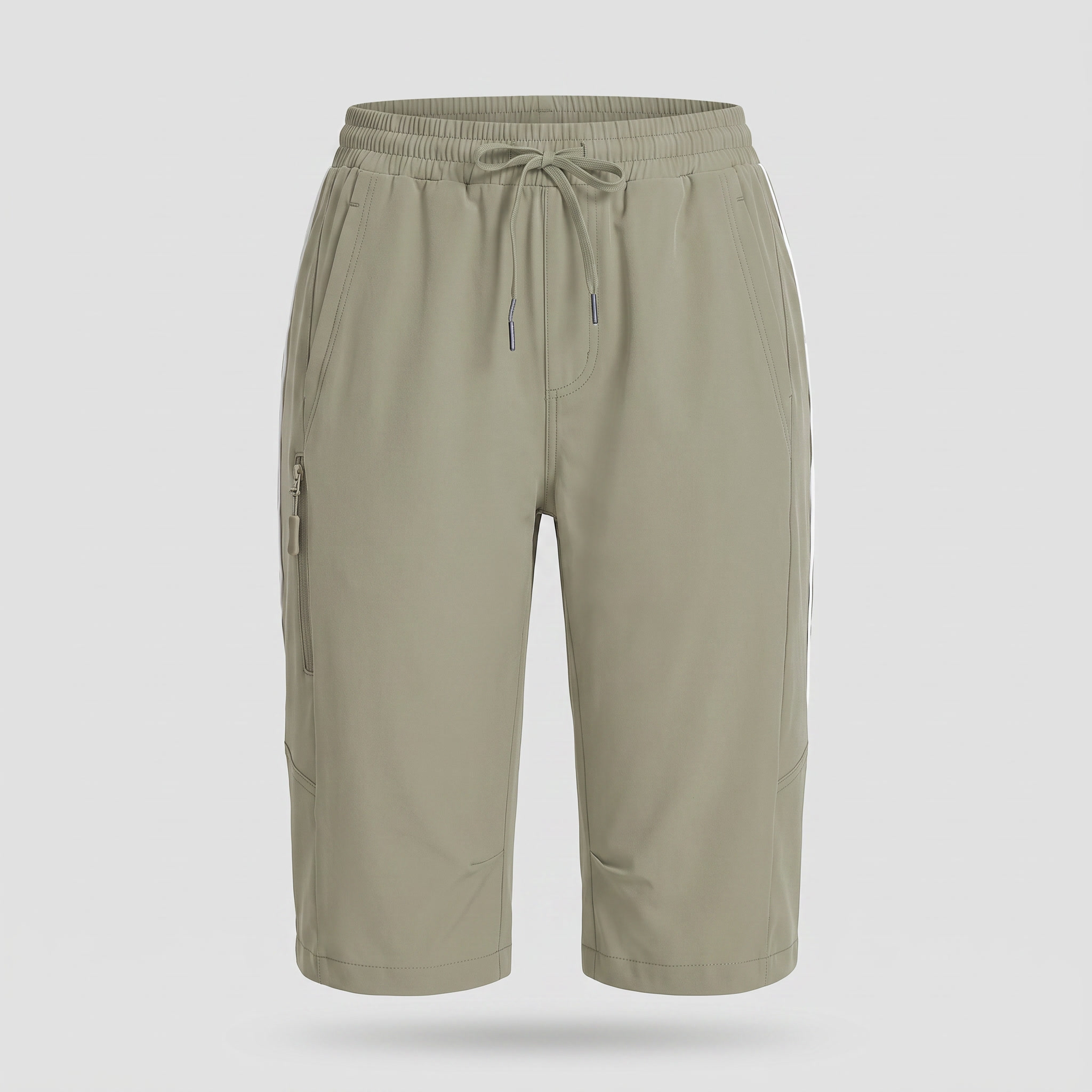 Women's knee-length hiking shorts in khaki, ghost mannequin front