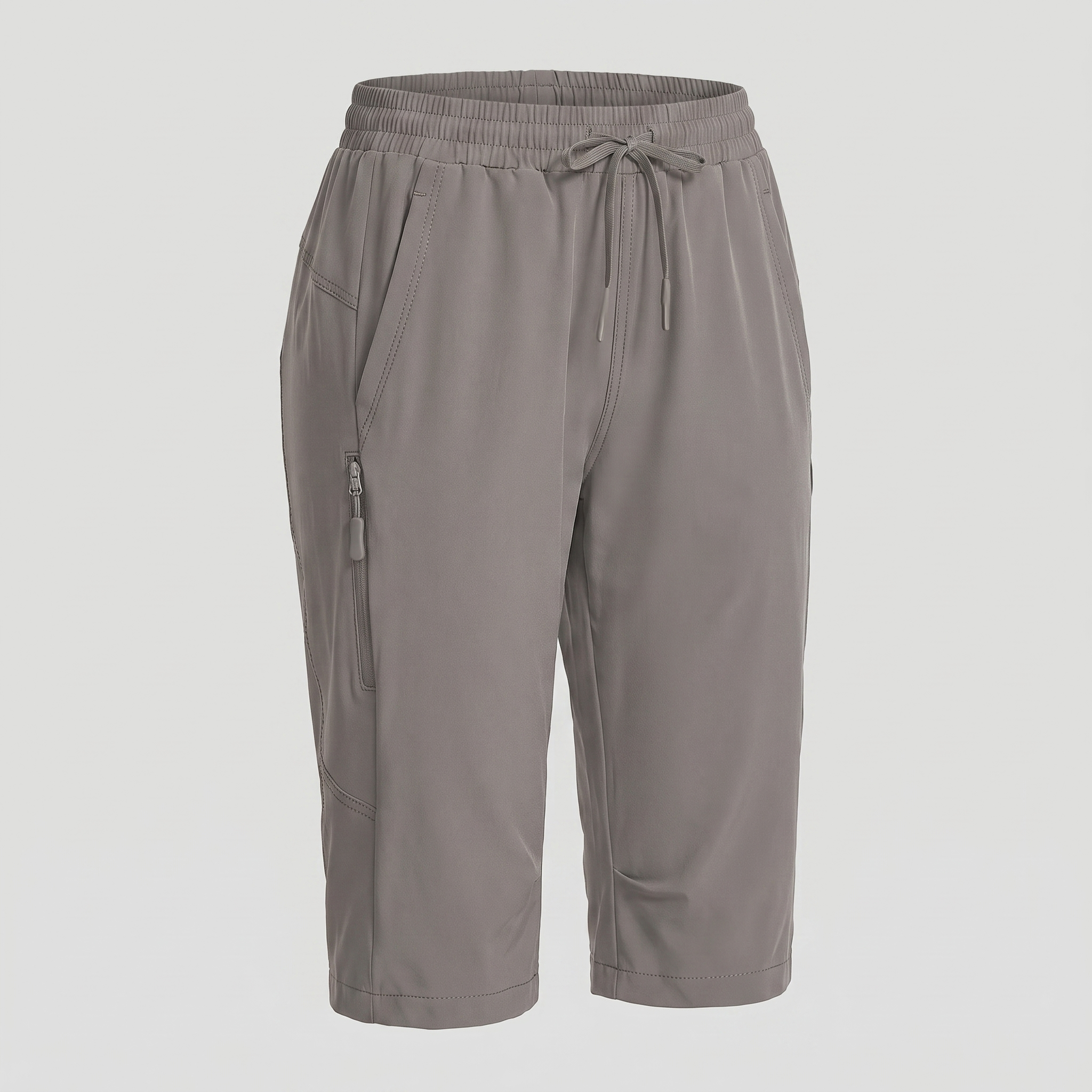 Women's knee-length hiking shorts in light grey, ghost mannequin front