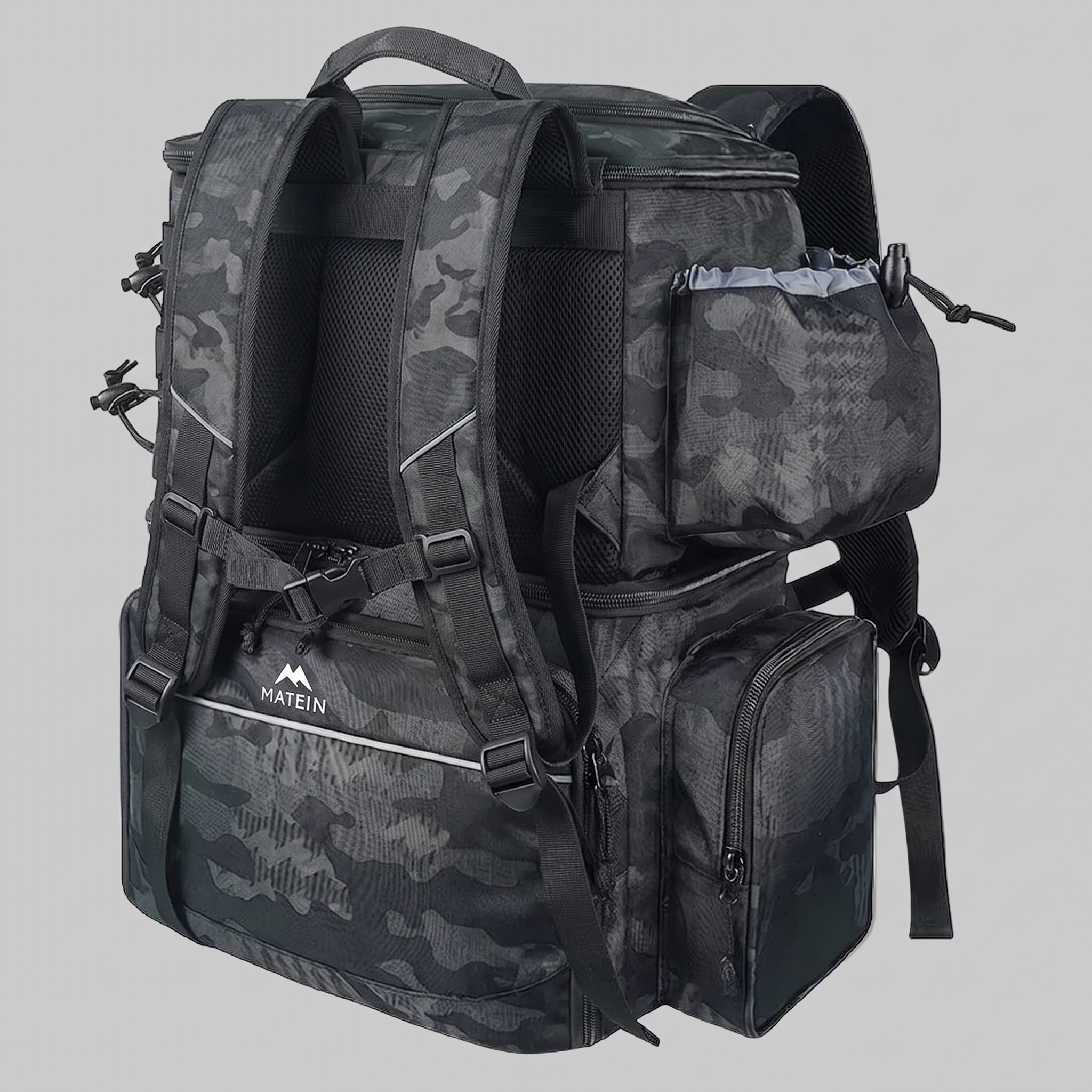 Rear view showing the padded shoulder straps and grab handle