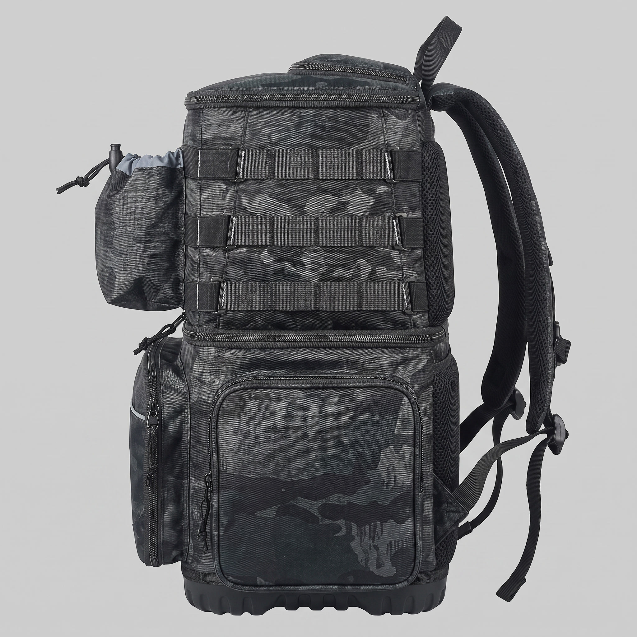 Side profile showing the two-tier cooler and tackle compartments