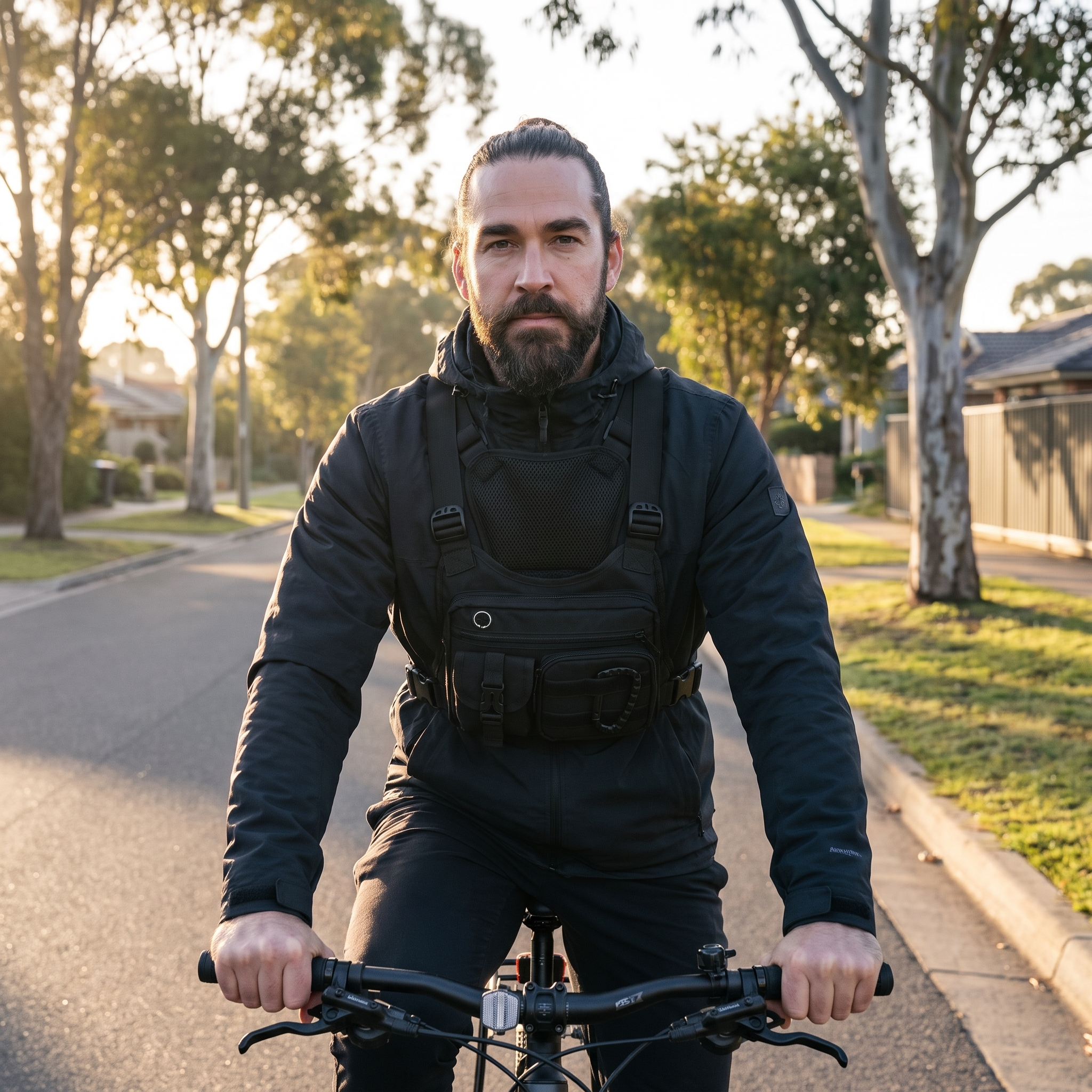 Riding at first light with the chest bag square on the chest