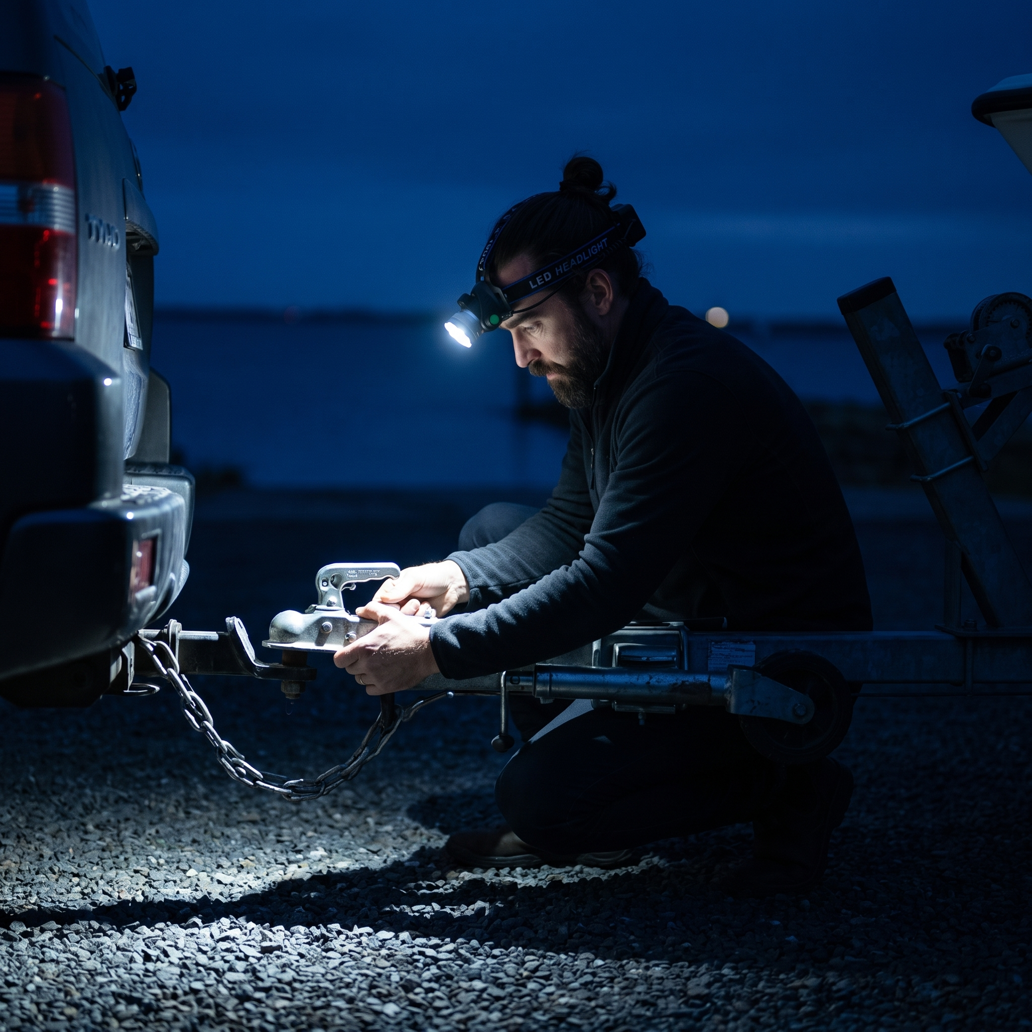 Hitching a boat trailer before dawn by head torch light