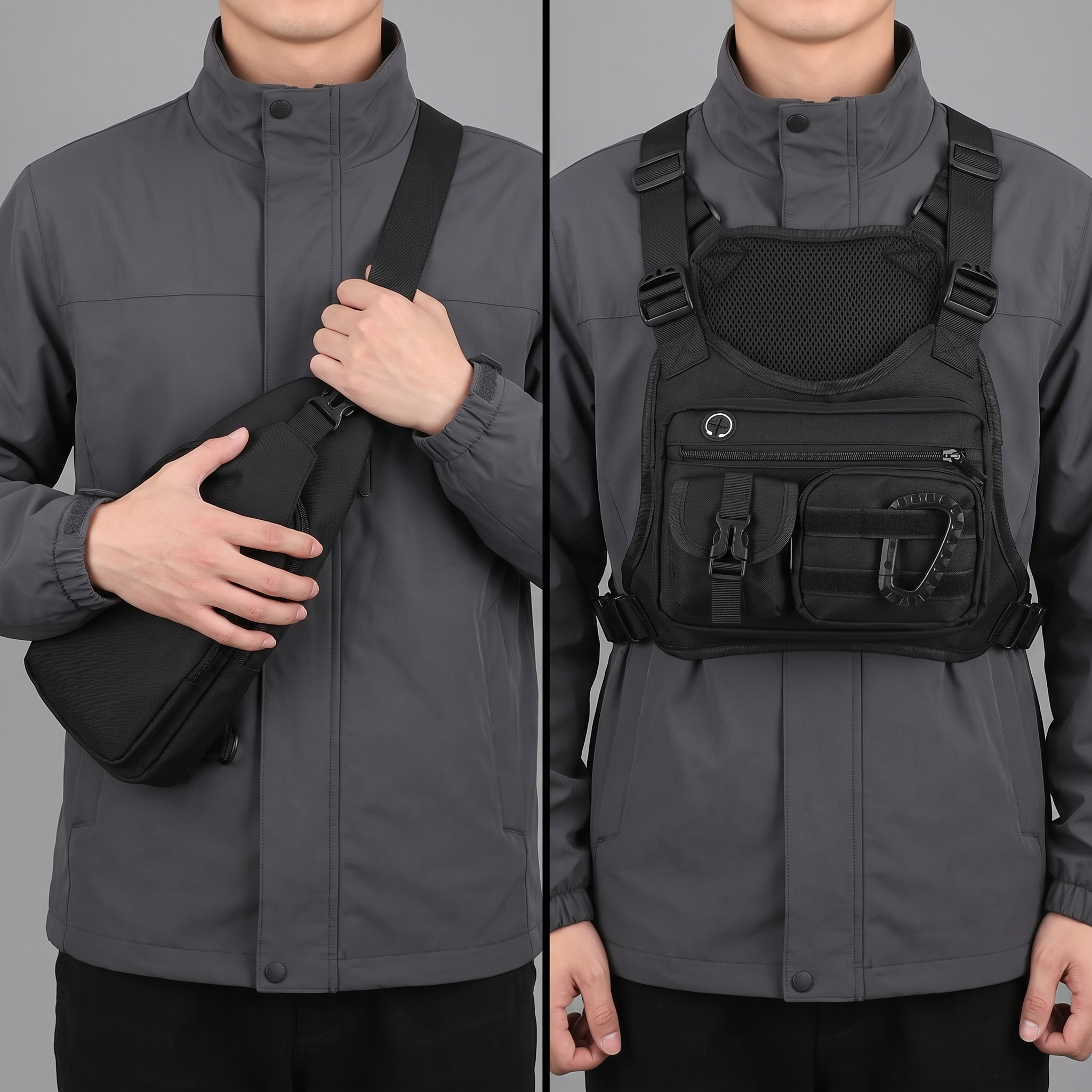 A sling bag swings round the back. This chest rig stays flat.