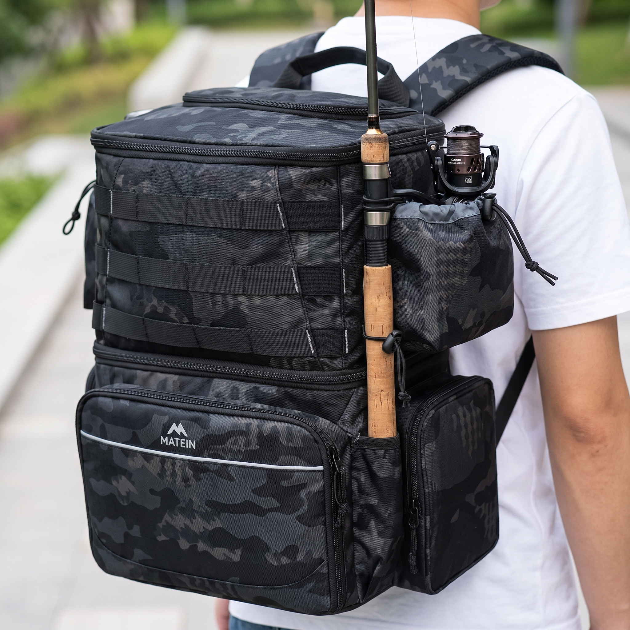 Side rod holder carrying a fishing rod hands-free