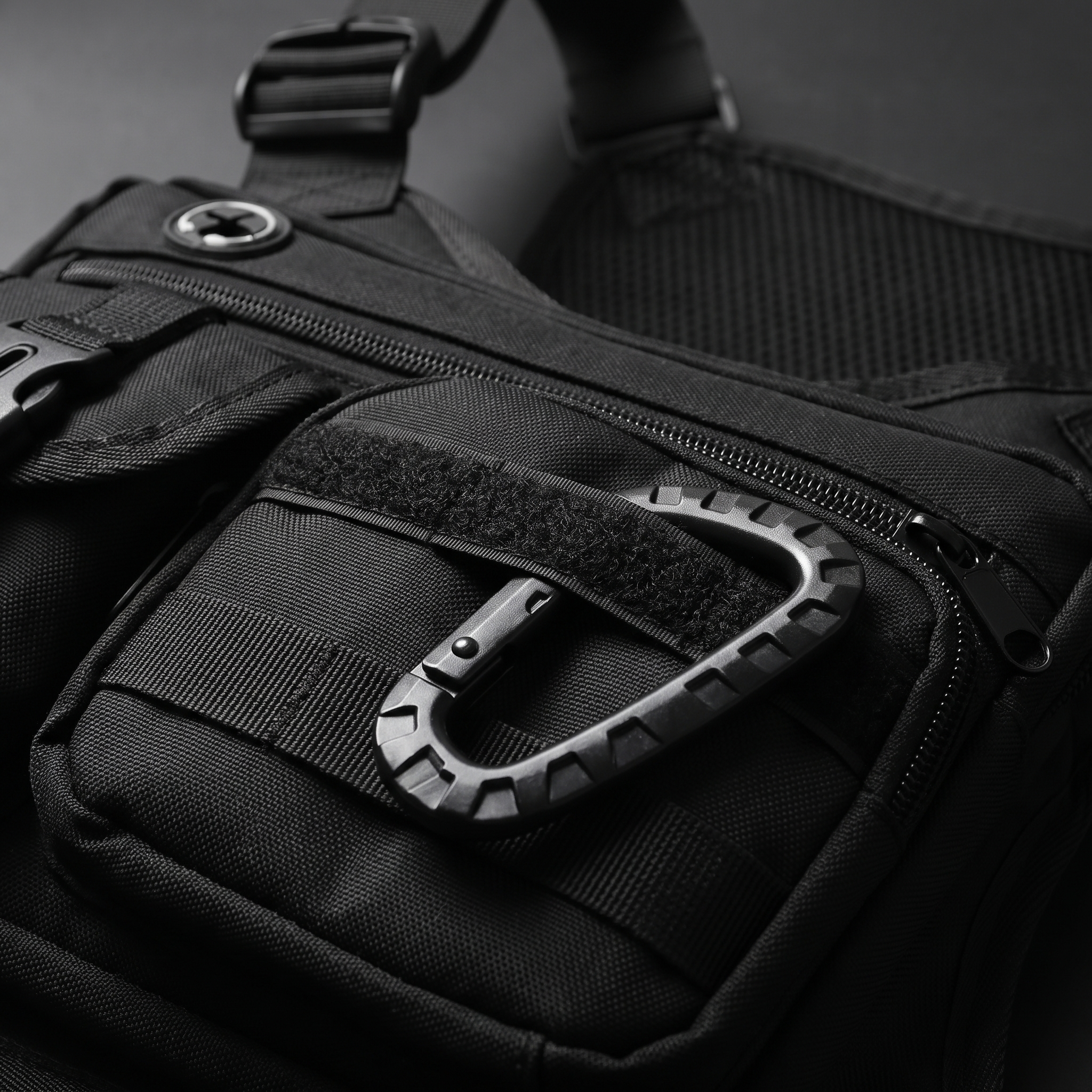 Webbing, hook-and-loop field, carabiner and cable port