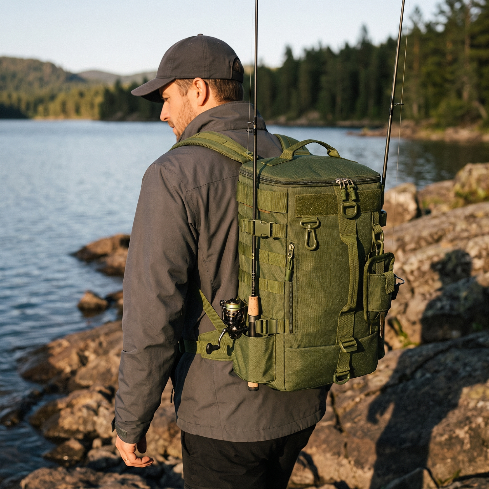 Fishing Backpack with Built In Rod Holders and MOLLE System for Tackle Storage