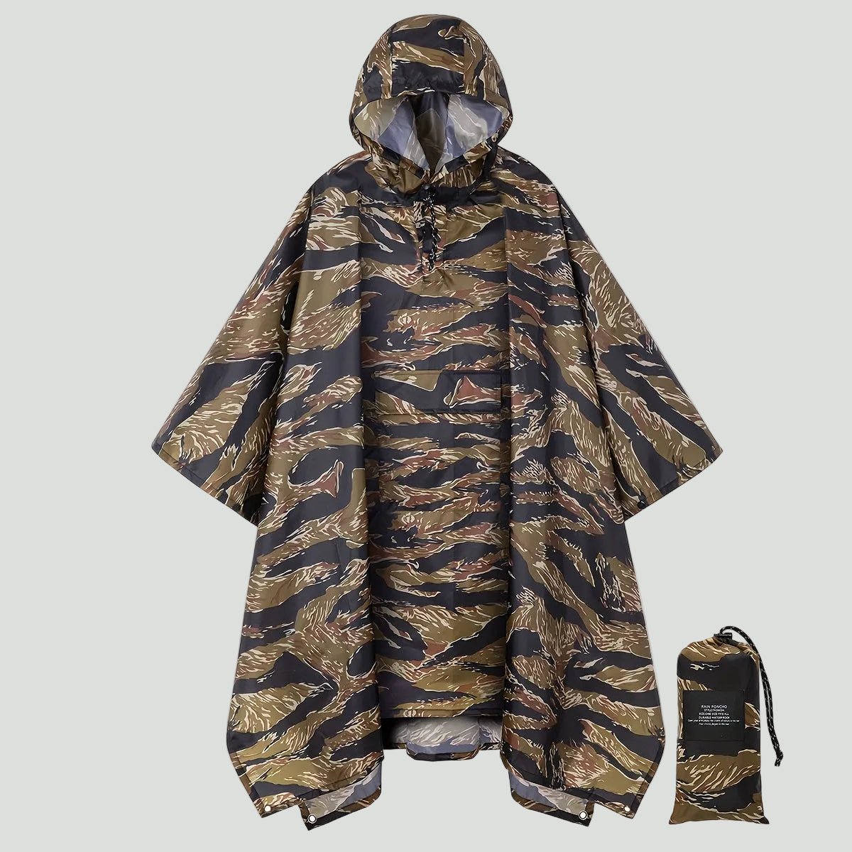 Hooded Camouflage Rain Poncho – Water-Resistant Outdoor Windbreaker – view 12