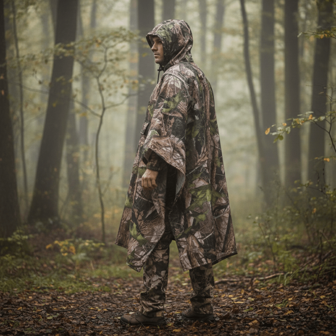 Hooded Camouflage Rain Poncho – Water-Resistant Outdoor Windbreaker – view 3