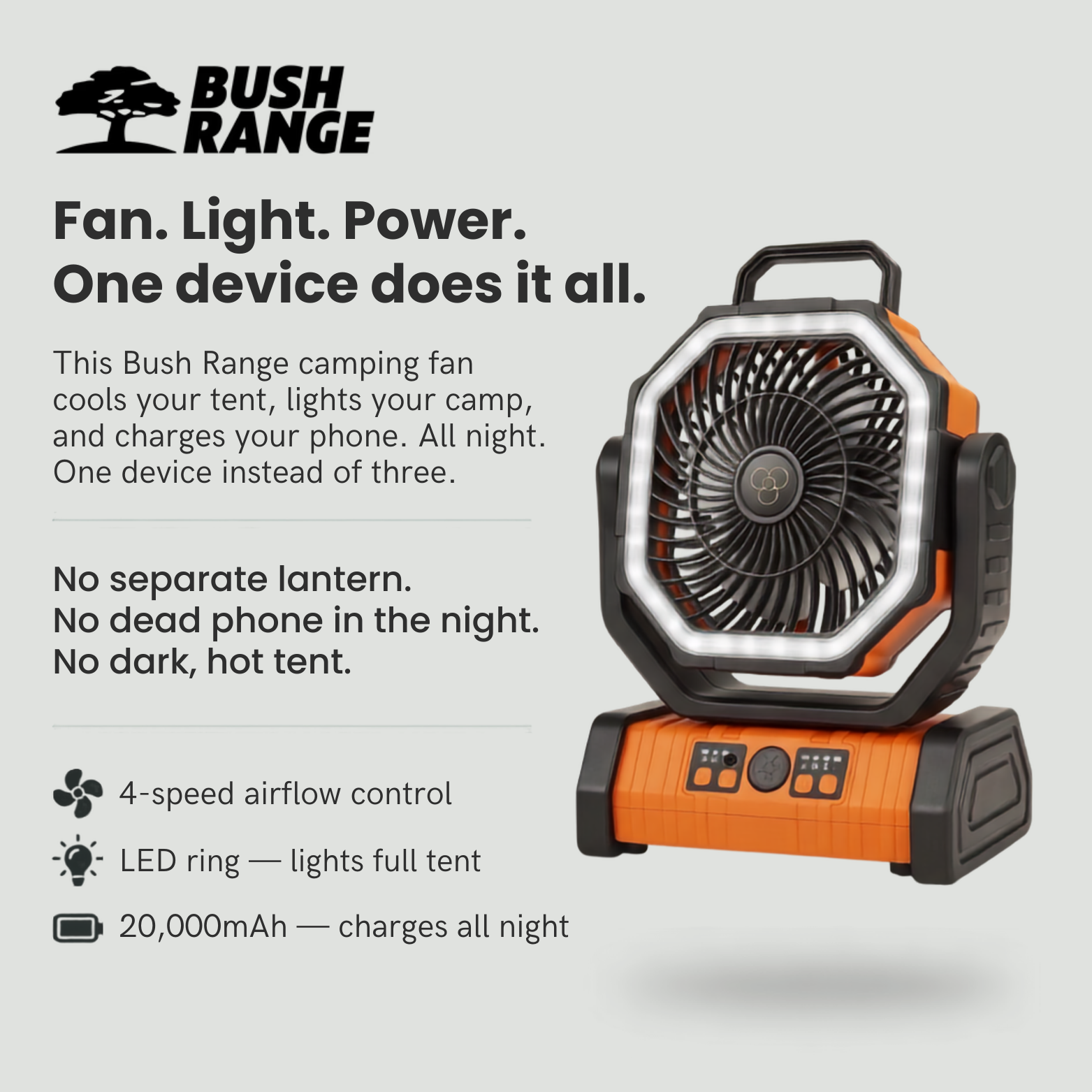Camping Fan with LED Light & Power Bank – 3-in-1 Rechargeable Outdoor Fan