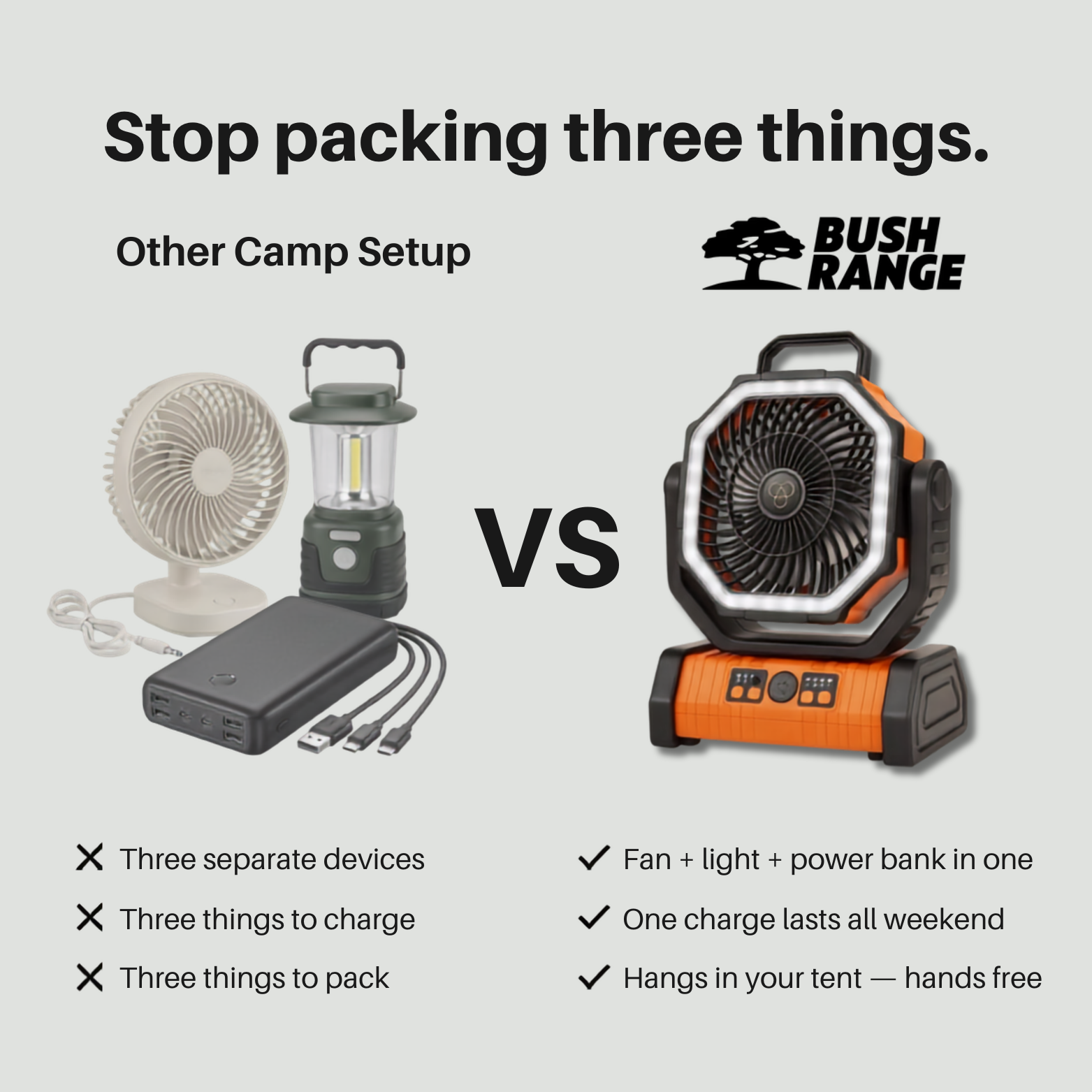 Camping Fan with LED Light & Power Bank – 3-in-1 Rechargeable Outdoor Fan