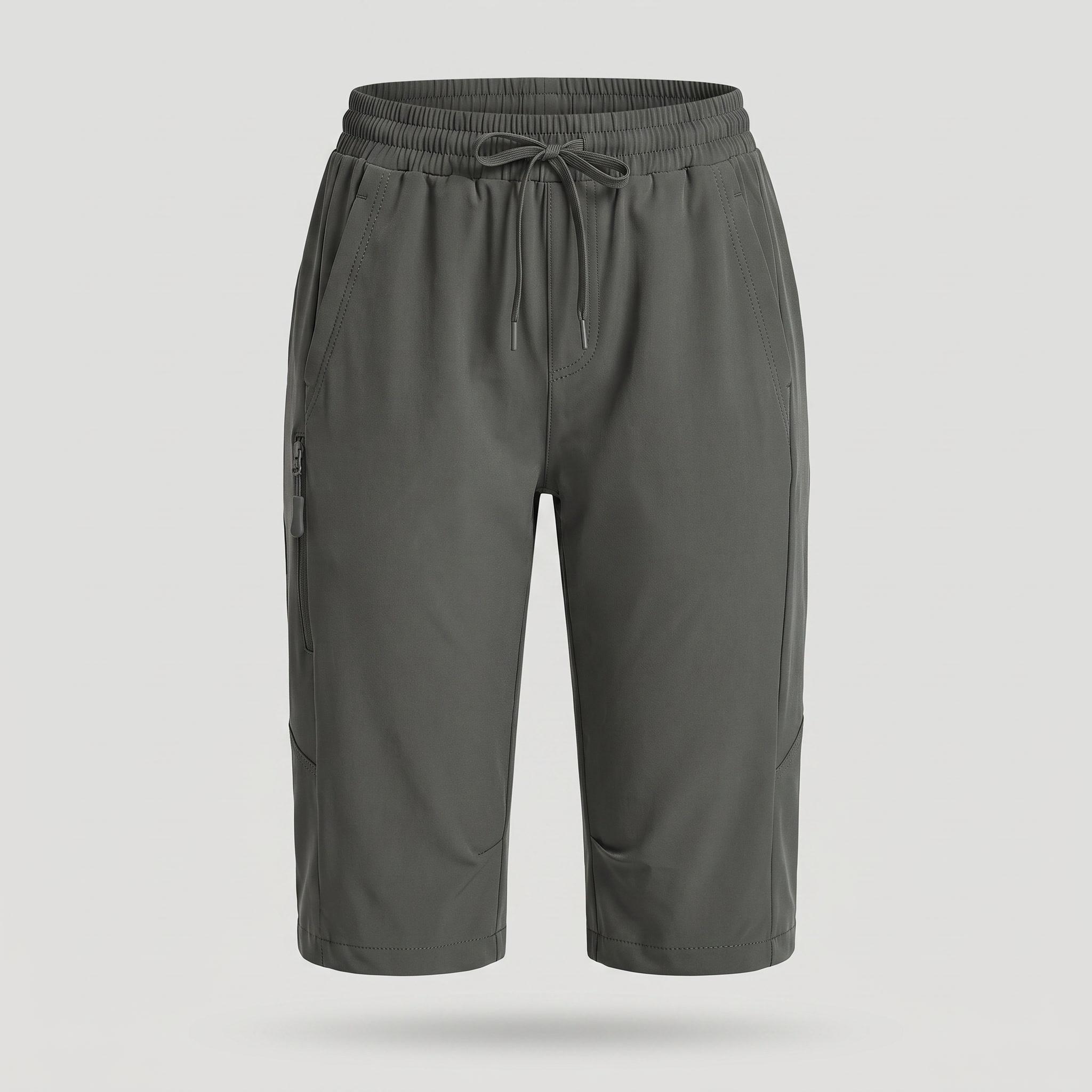 Women's knee-length hiking shorts in army green, ghost mannequin front