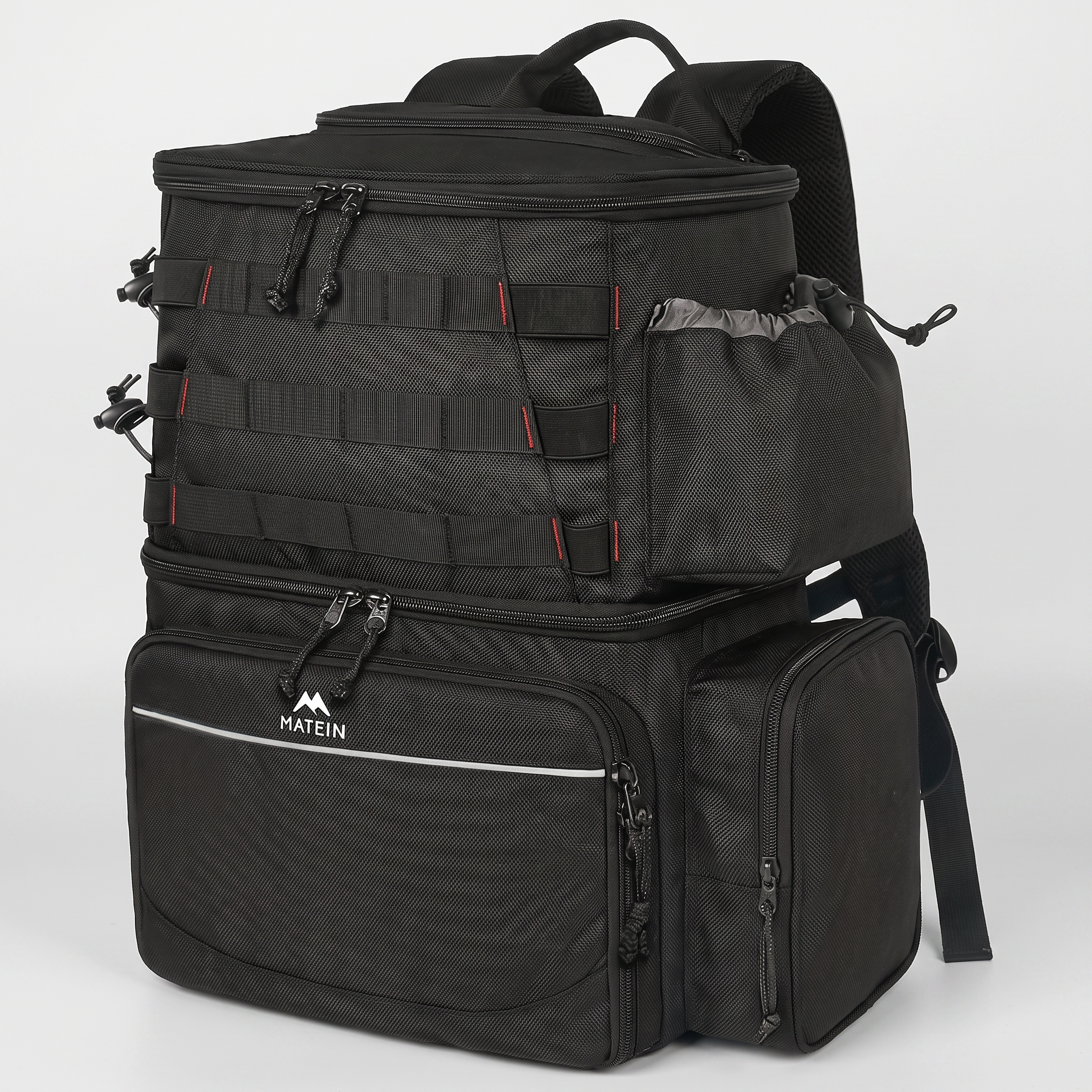 Fishing cooler backpack in black, three-quarter view