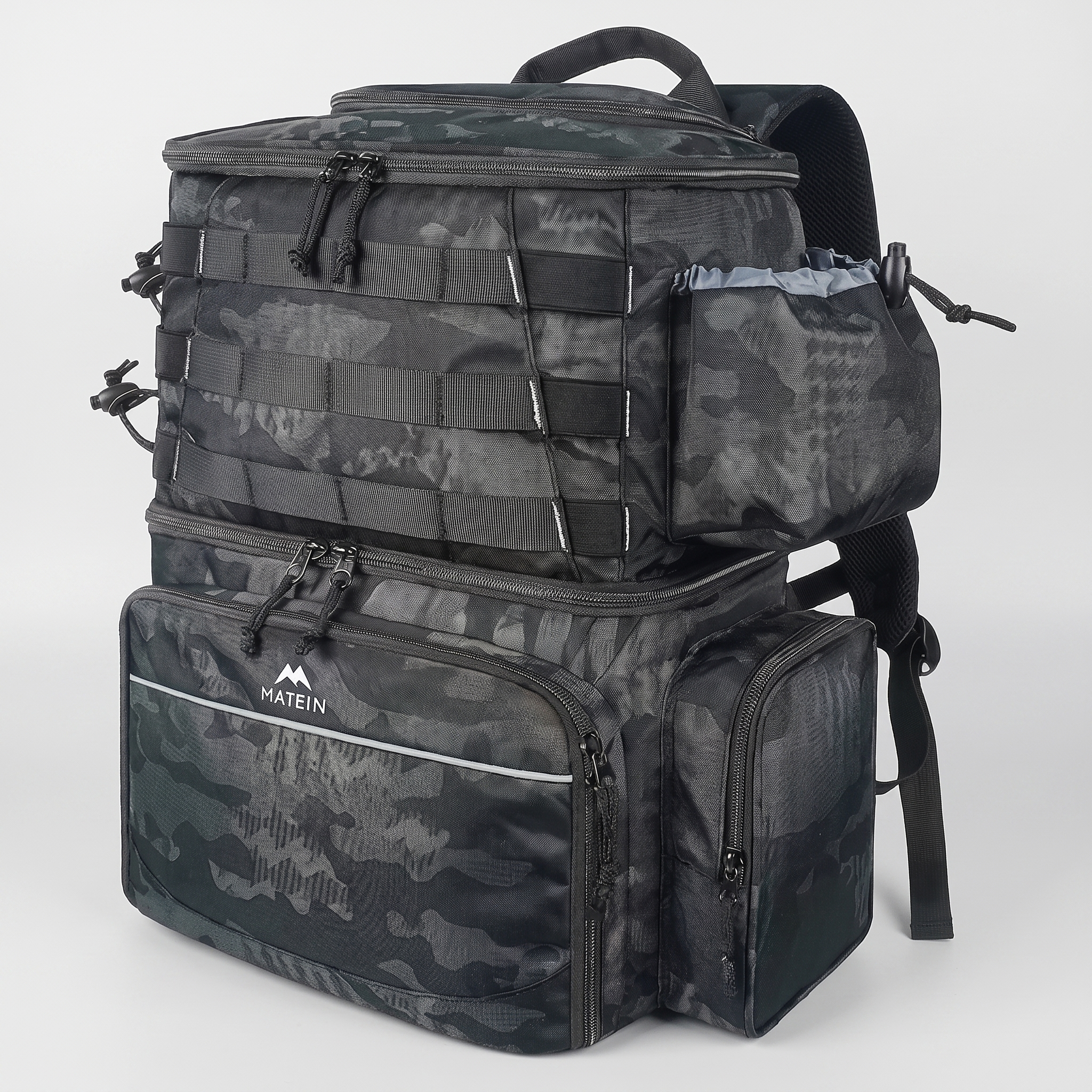 Fishing cooler backpack in black camo, three-quarter view