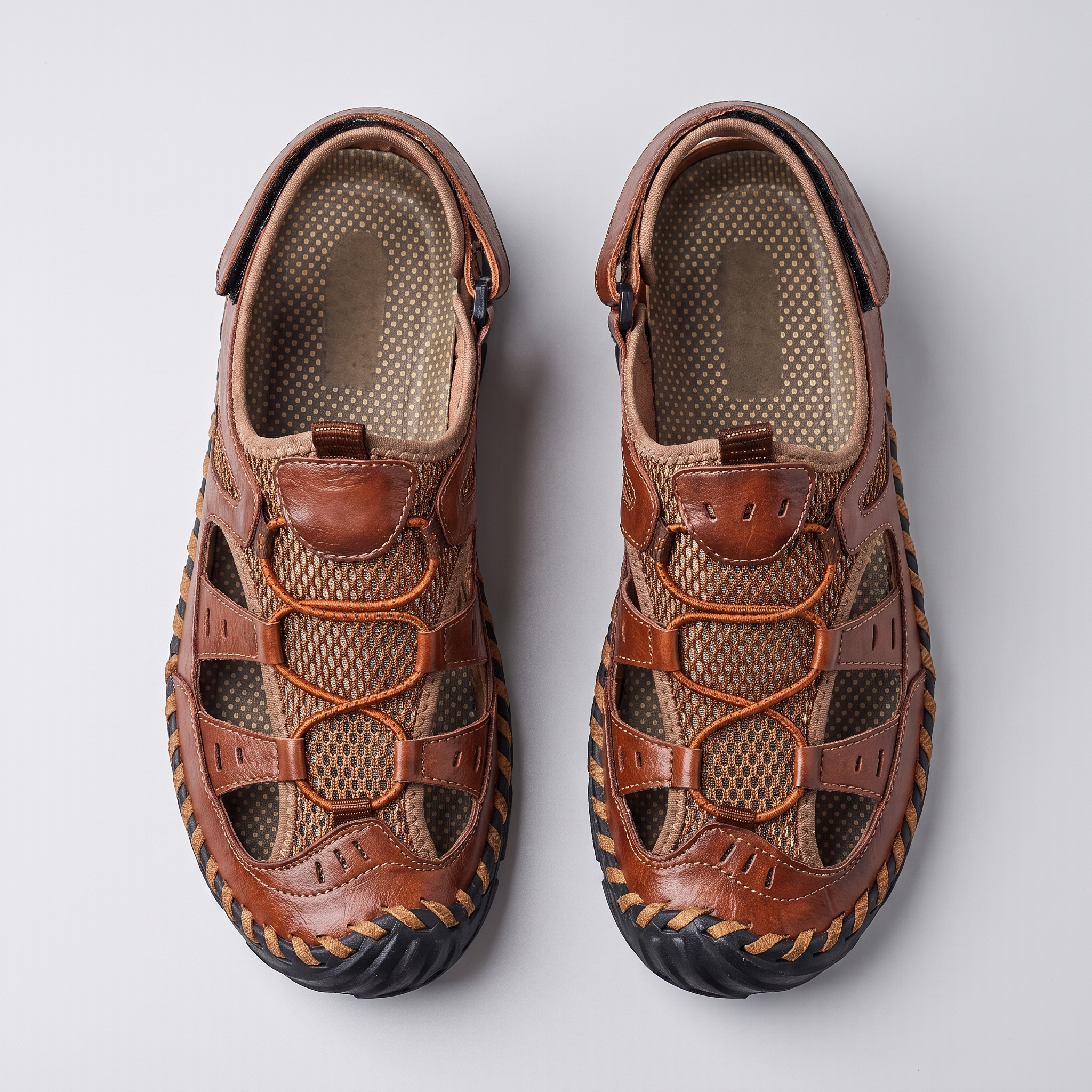 Men's closed-toe leather and mesh sandals in dark brown, top-down pair