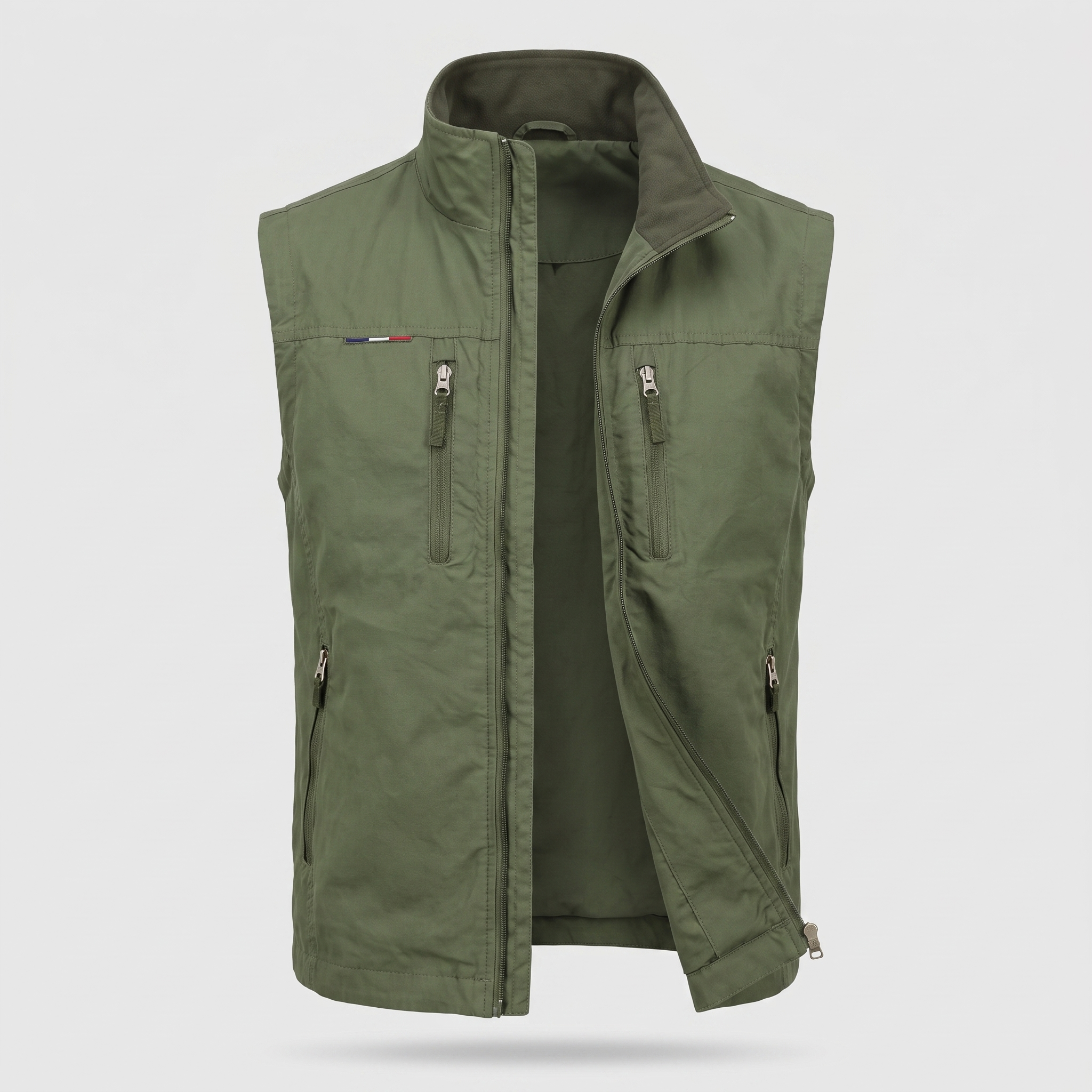 Men's lightweight outdoor vest in green, ghost mannequin front