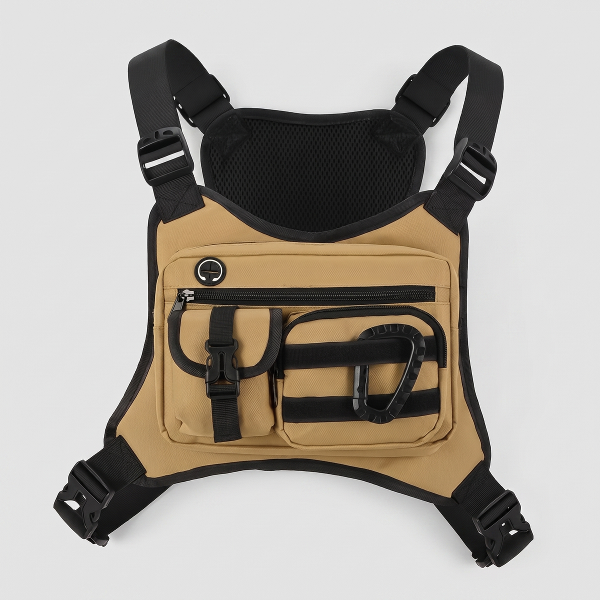 Men's tactical chest bag in khaki, flat lay with harness