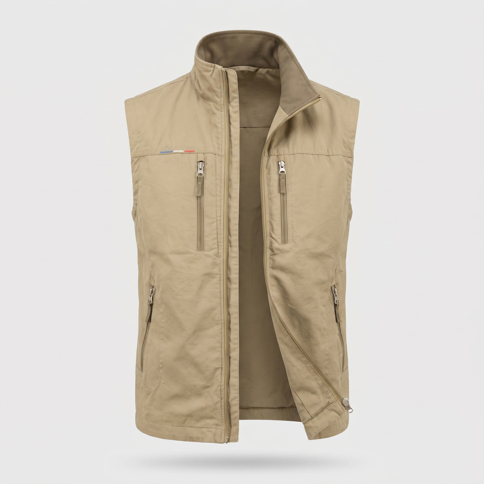 Men's lightweight outdoor vest in khaki, ghost mannequin front