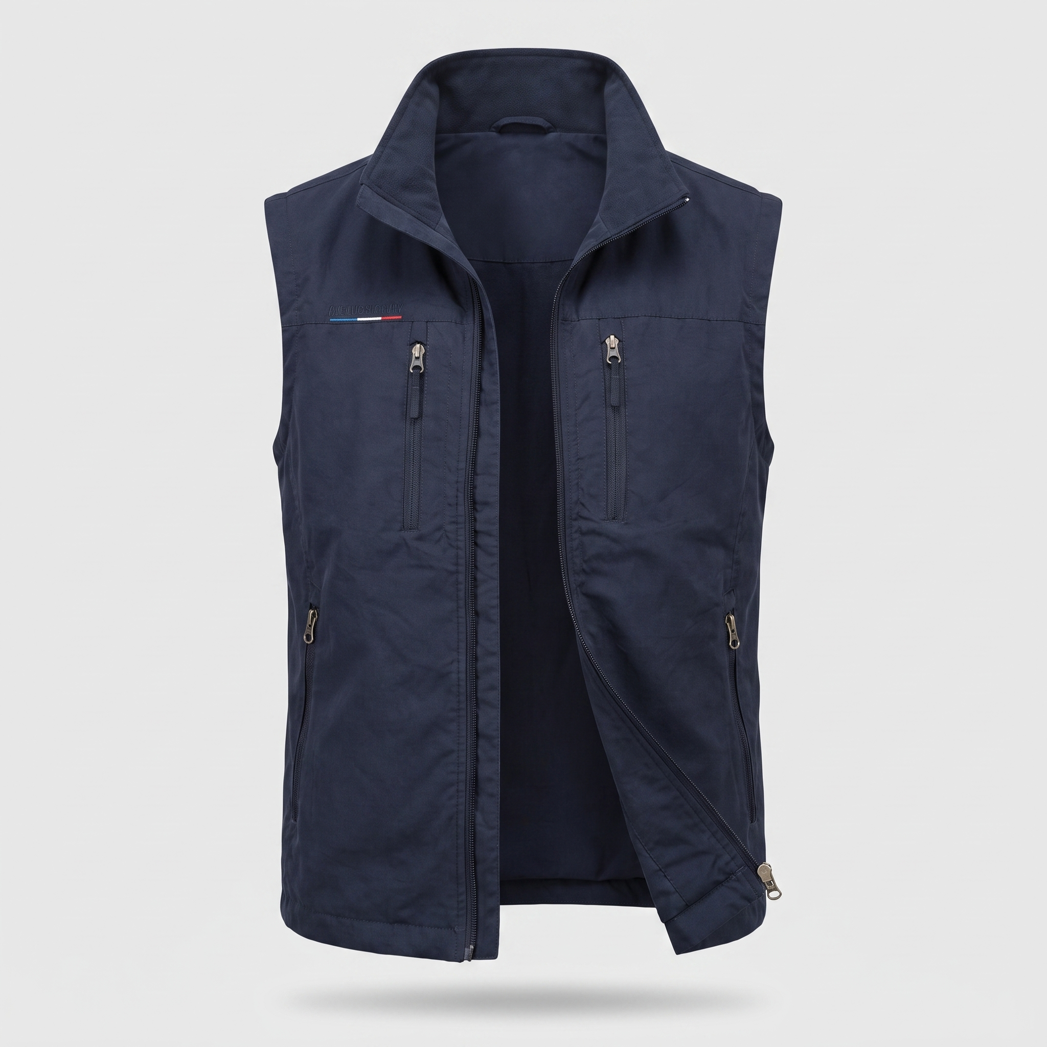 Men's lightweight outdoor vest in navy blue, ghost mannequin front