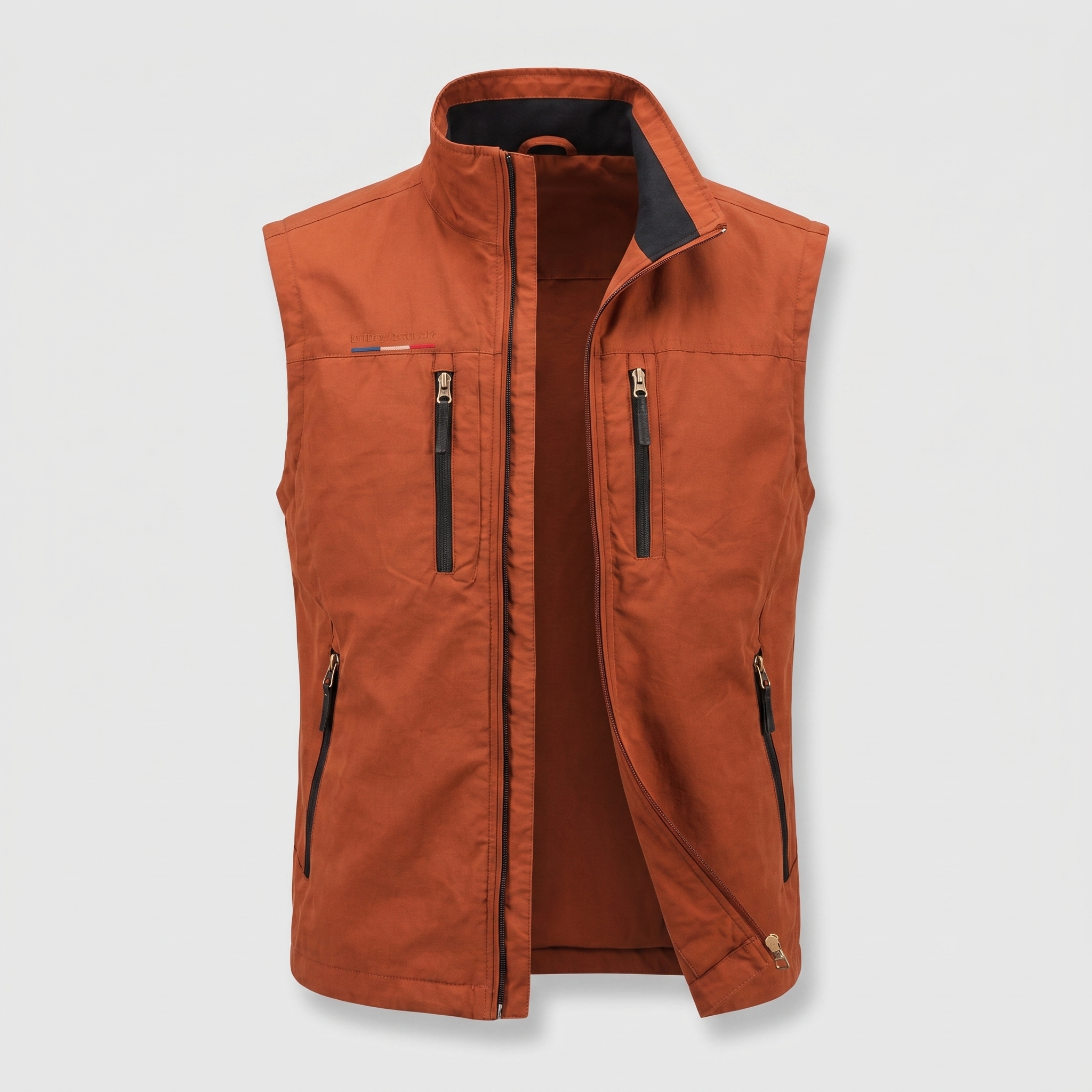 Men's lightweight outdoor vest in rust, ghost mannequin front
