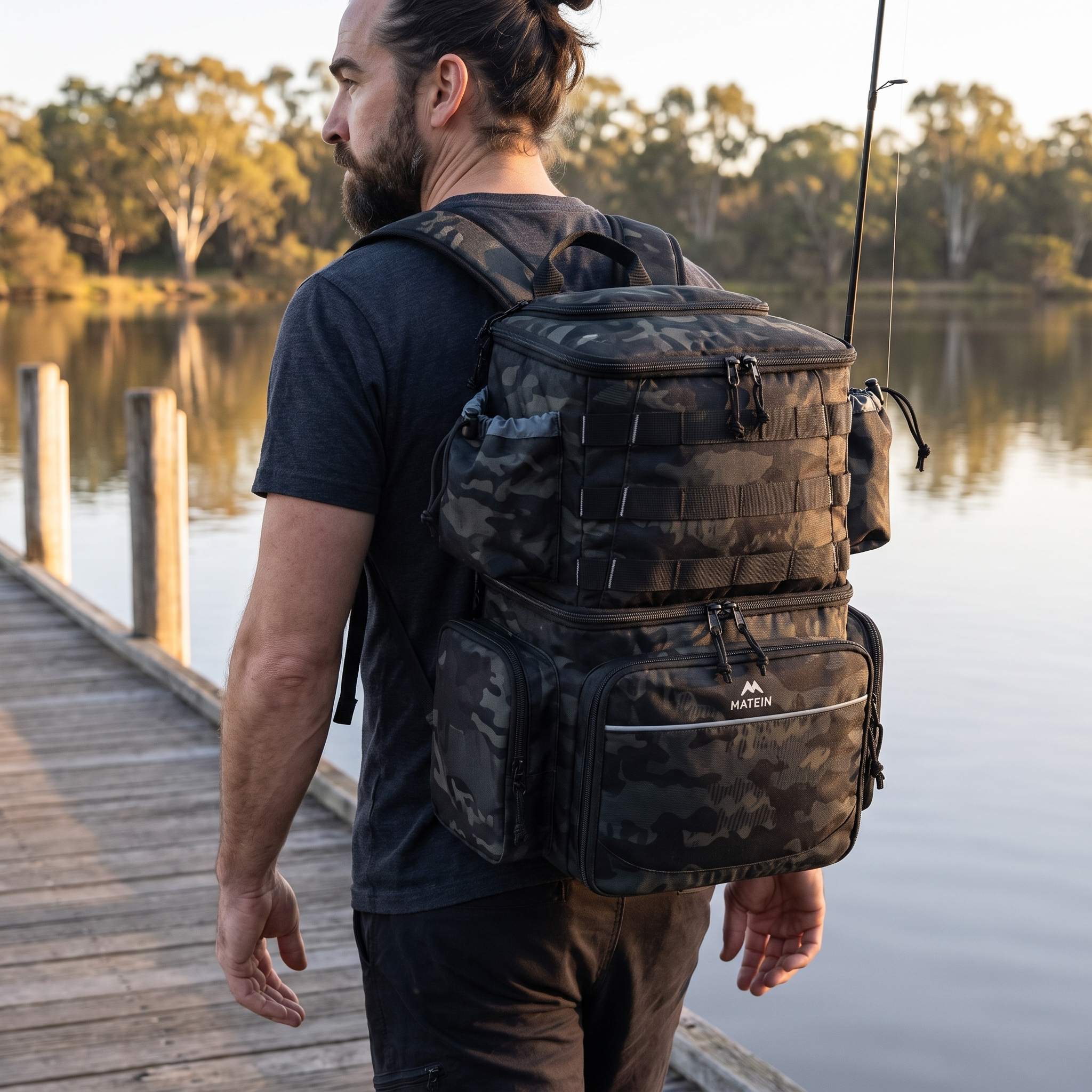 Angler walking a jetty at first light wearing the backpack