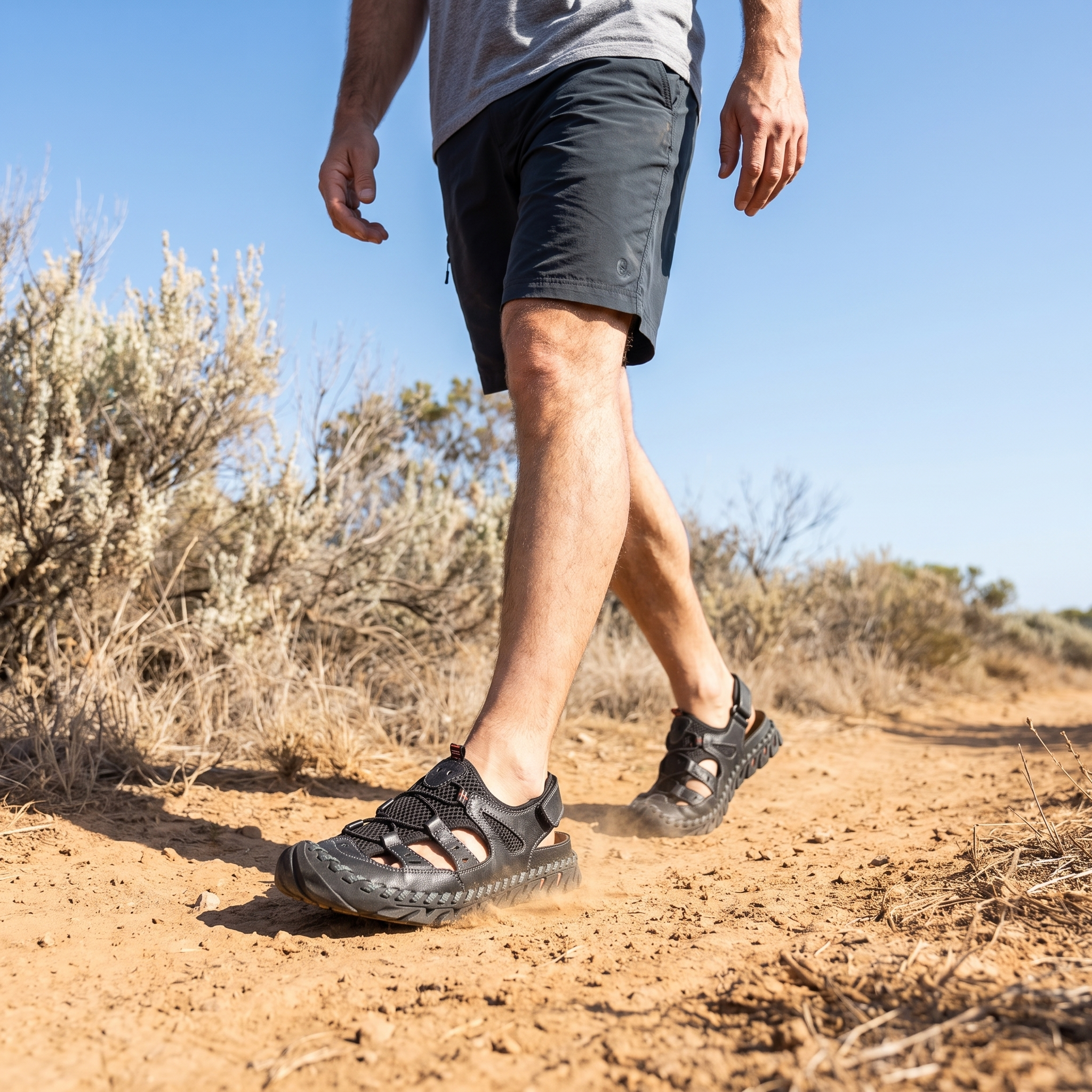 Man walking a coastal scrub track wearing the sandals