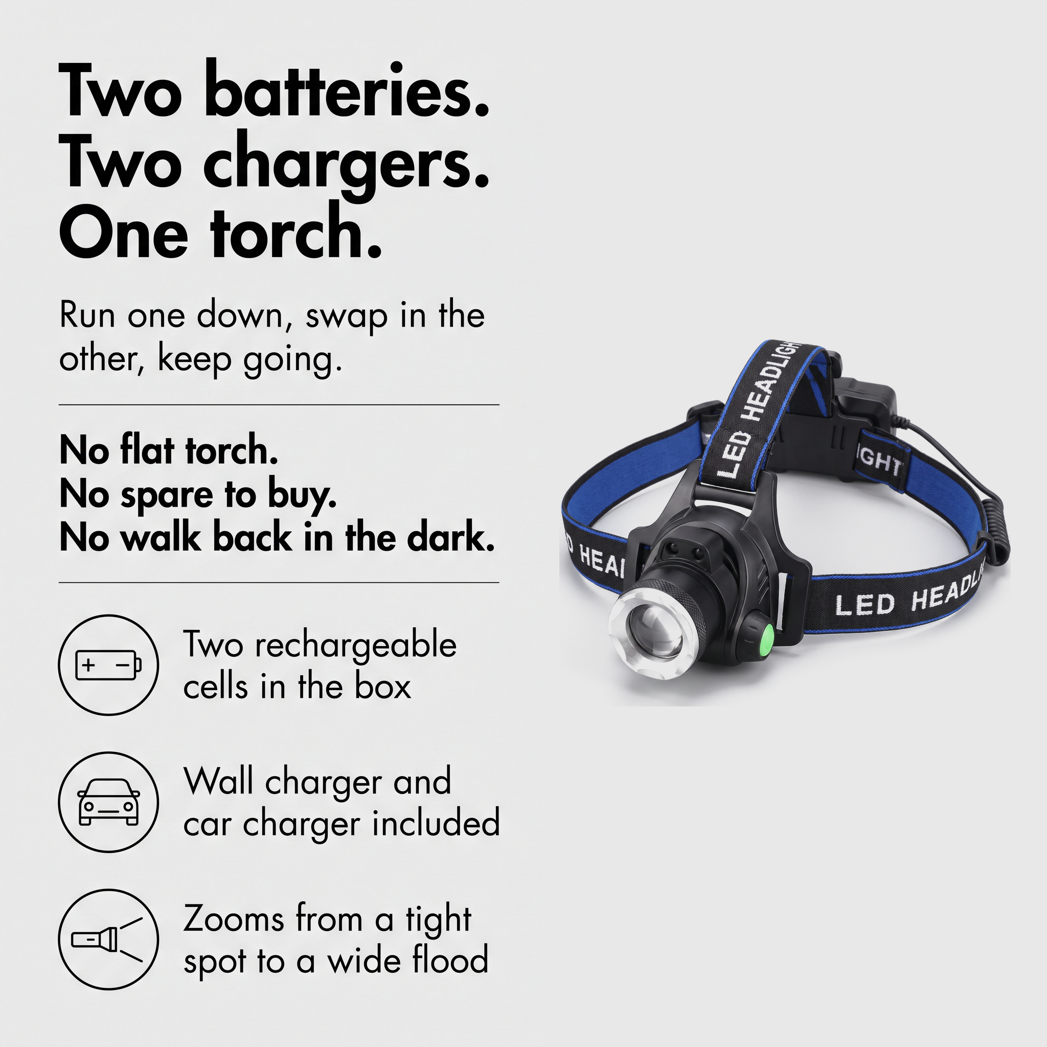 Two batteries, two chargers, one torch