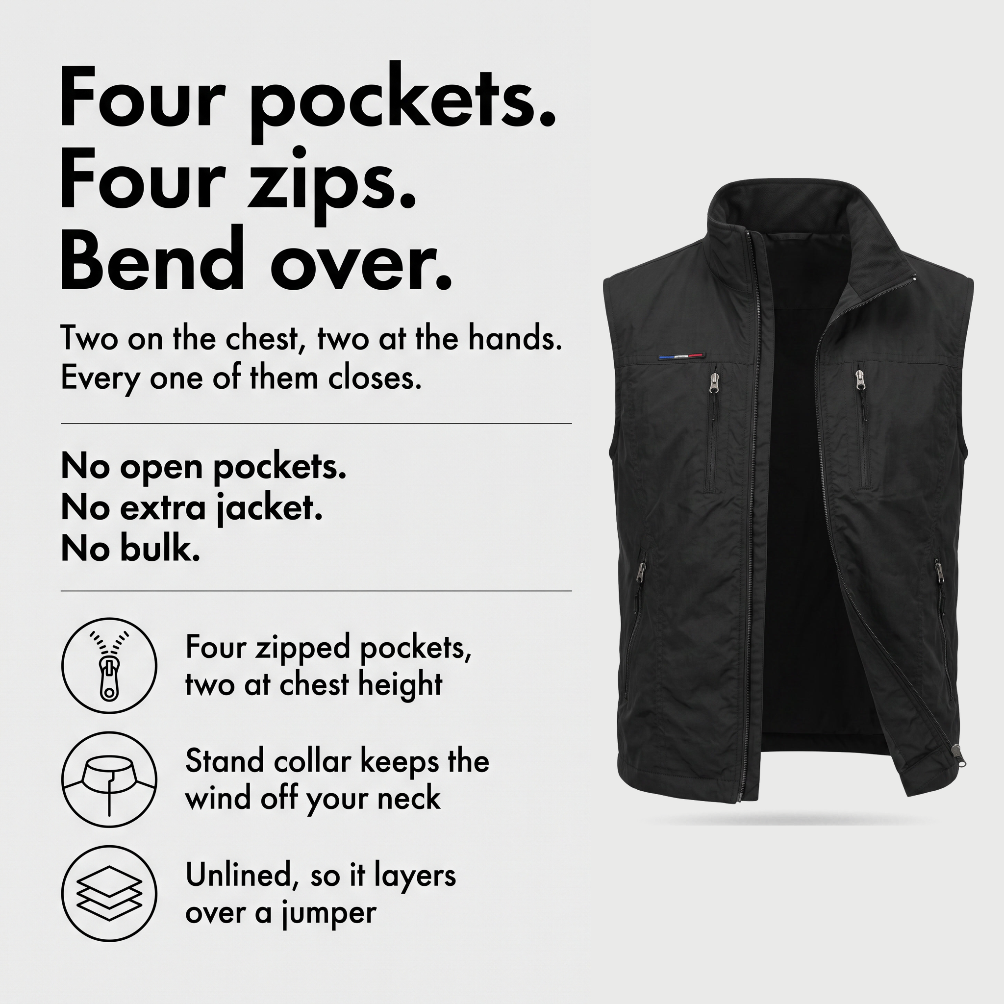 Four pockets, four zips, unlined so it layers