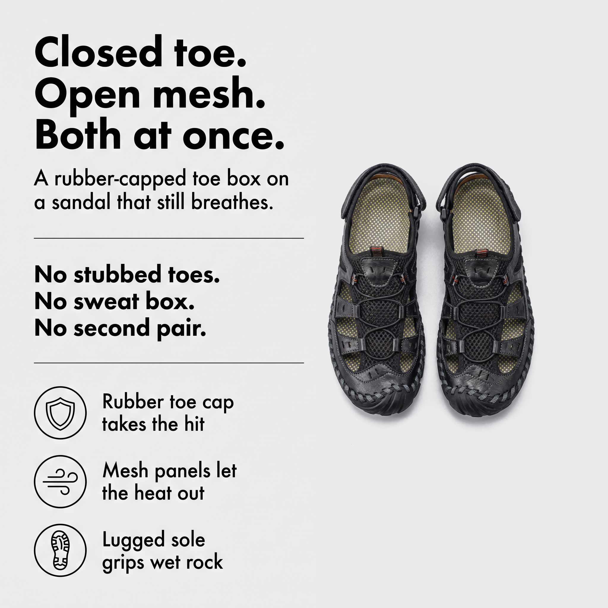 How it works: closed toe, open mesh, lugged outsole