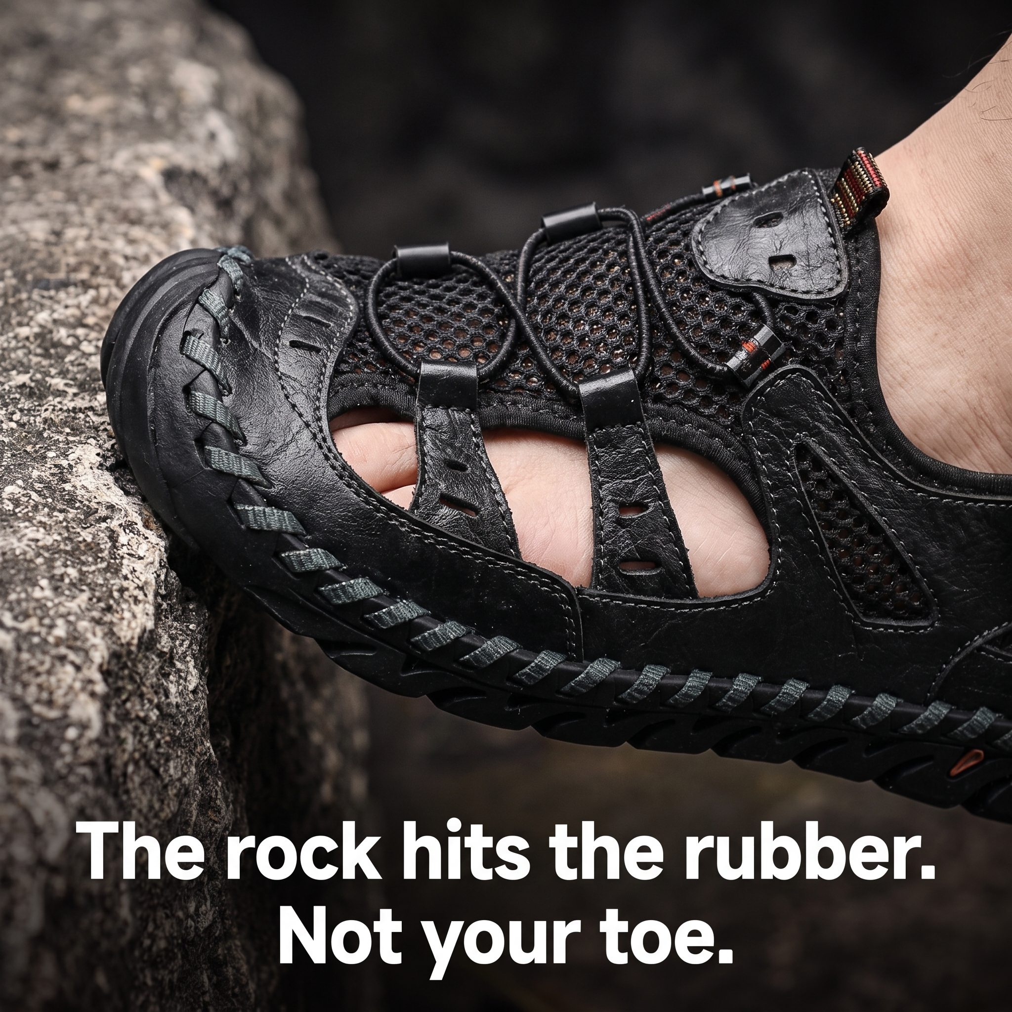 Close-up of the rubber-capped closed toe box against rock
