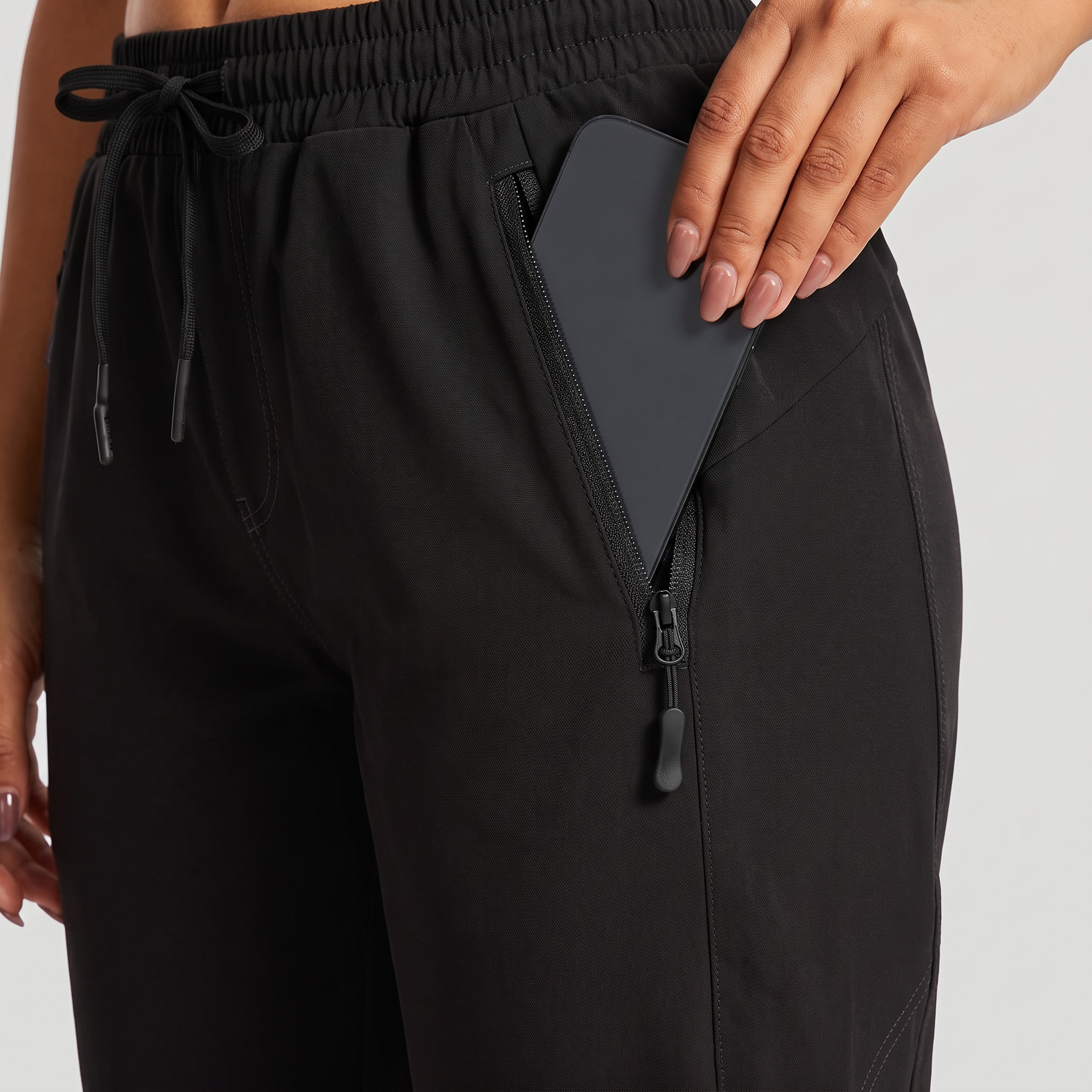 Phone going into the zipped thigh pocket