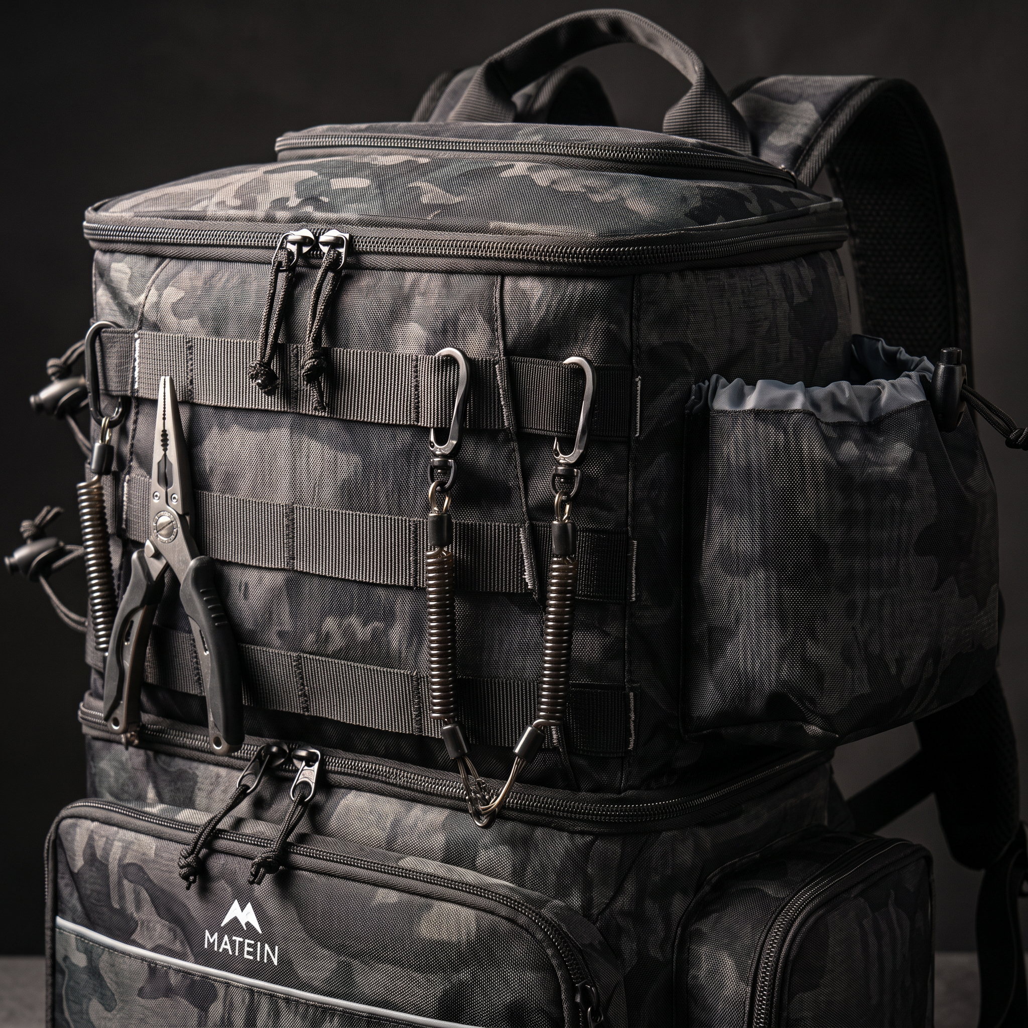 MOLLE webbing panel with pliers and a lip gripper clipped on