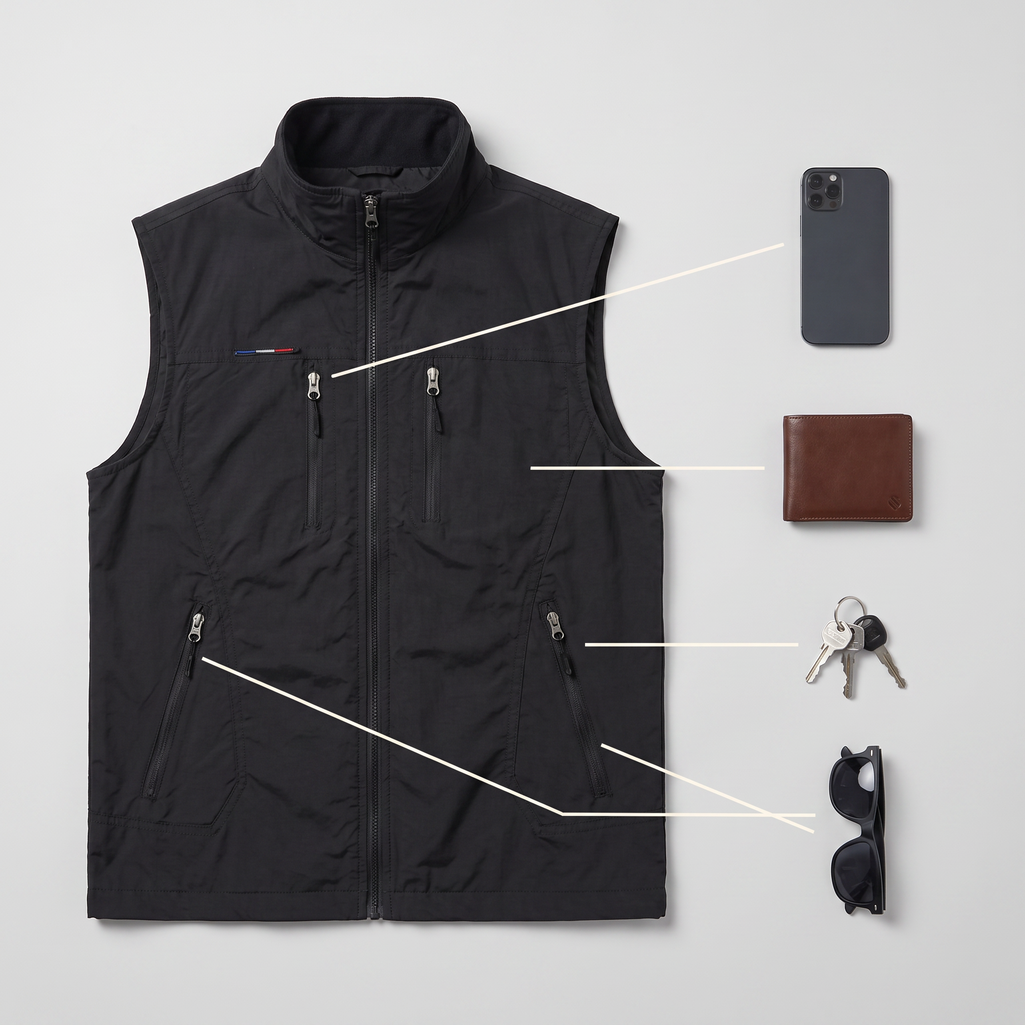 What the four zipped pockets hold: phone, wallet, keys and sunglasses
