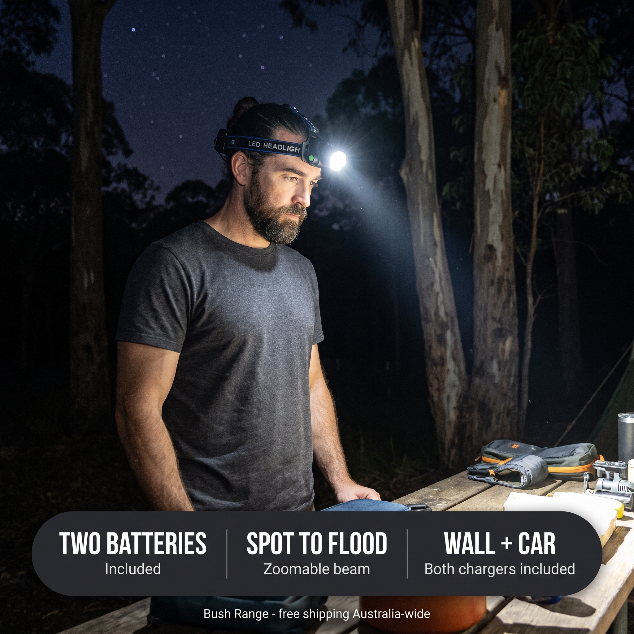 Two batteries, zoomable spot-to-flood beam, wall and car chargers