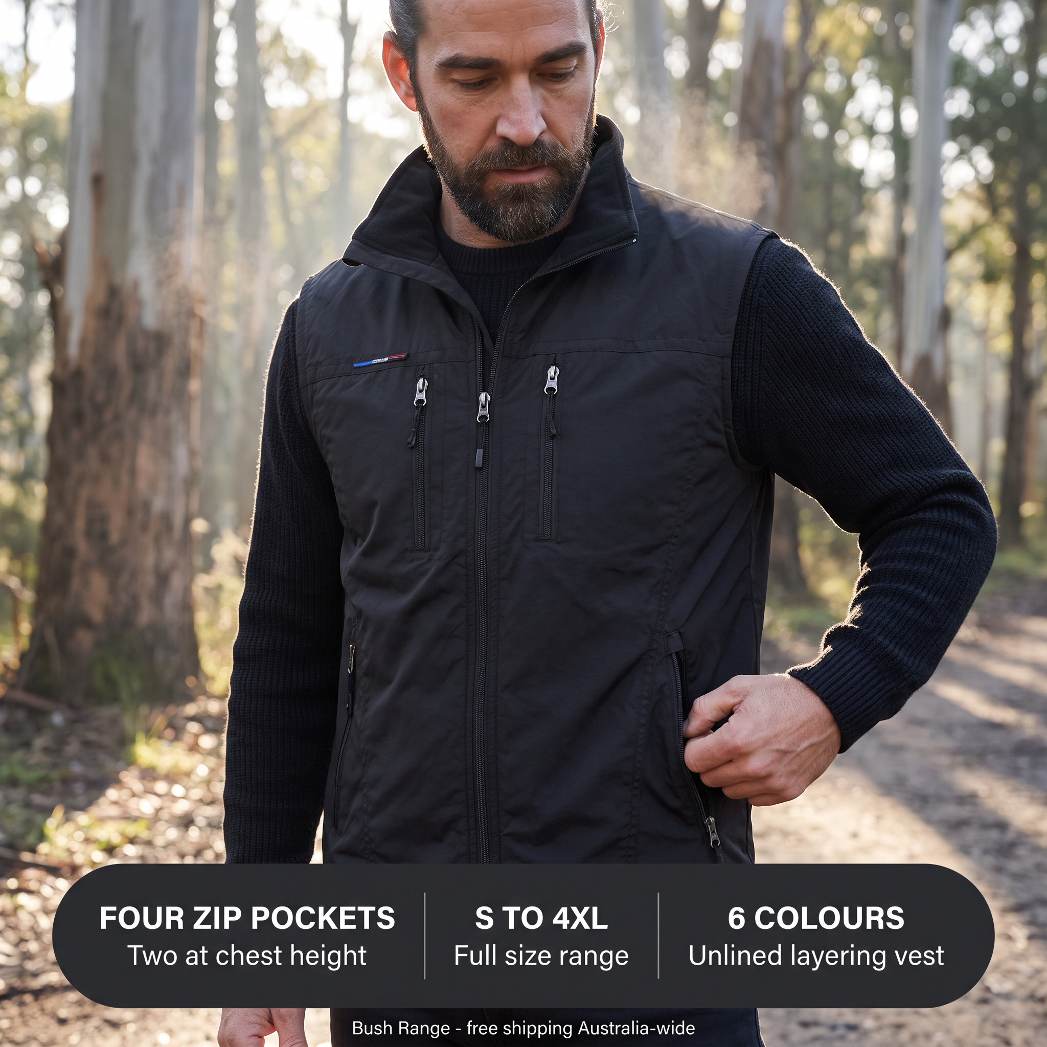 Four zip pockets, S to 4XL, six colours