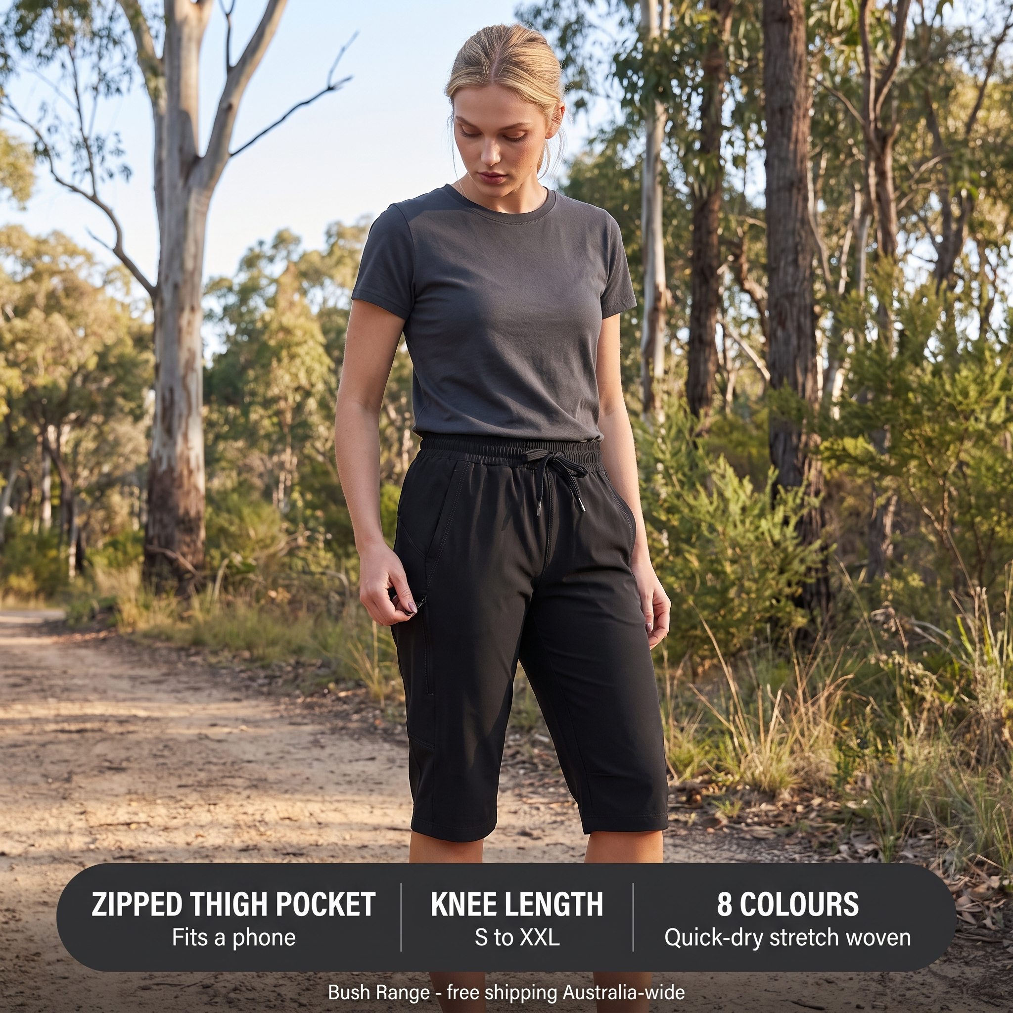 Zipped thigh pocket, knee length, eight colours