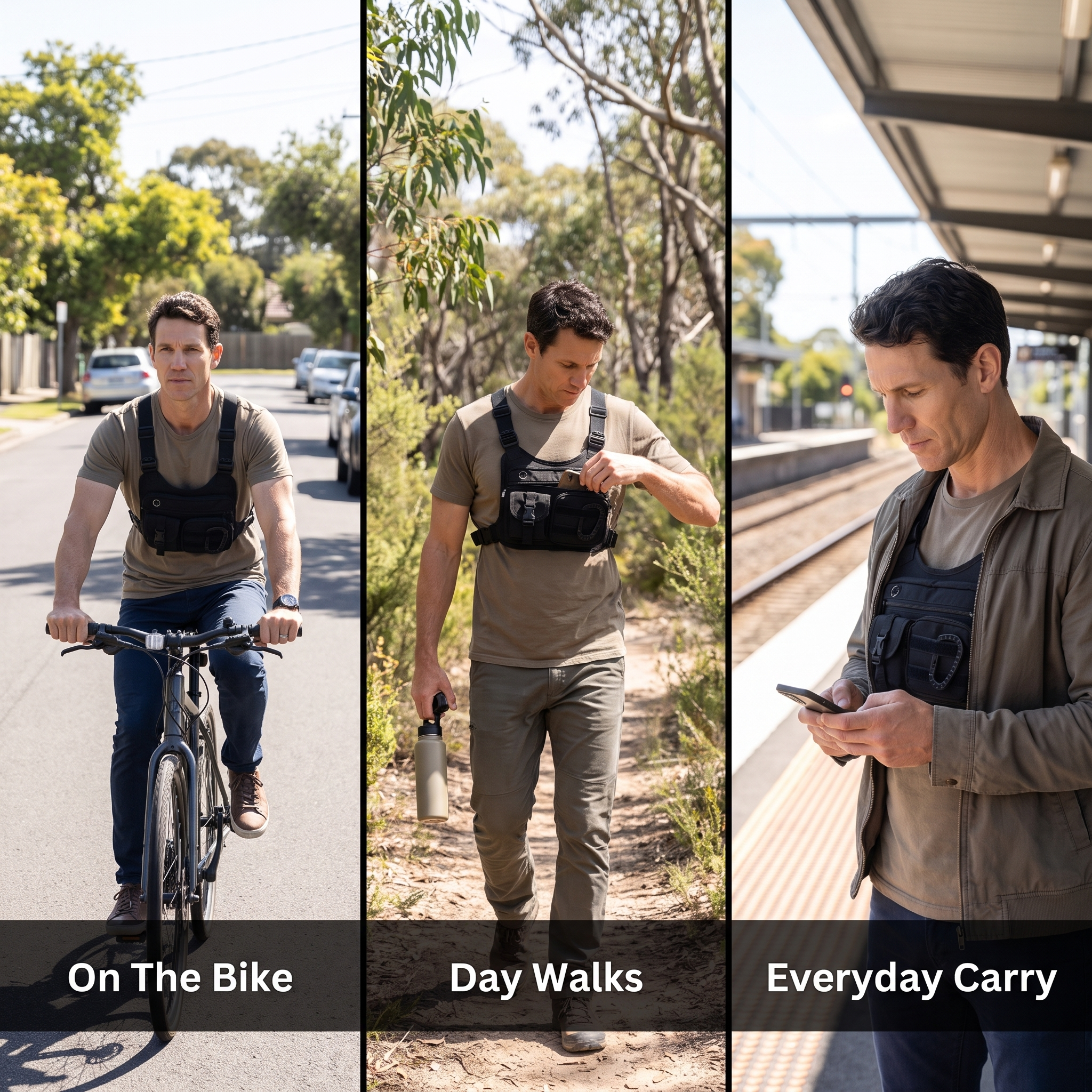 Three uses: on the bike, day walks, everyday carry
