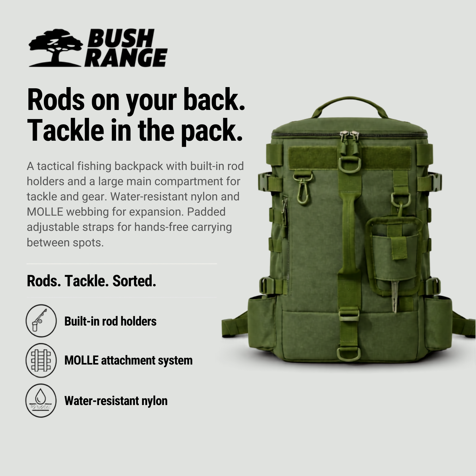 Fishing Backpack with Built In Rod Holders and MOLLE System for Tackle Storage