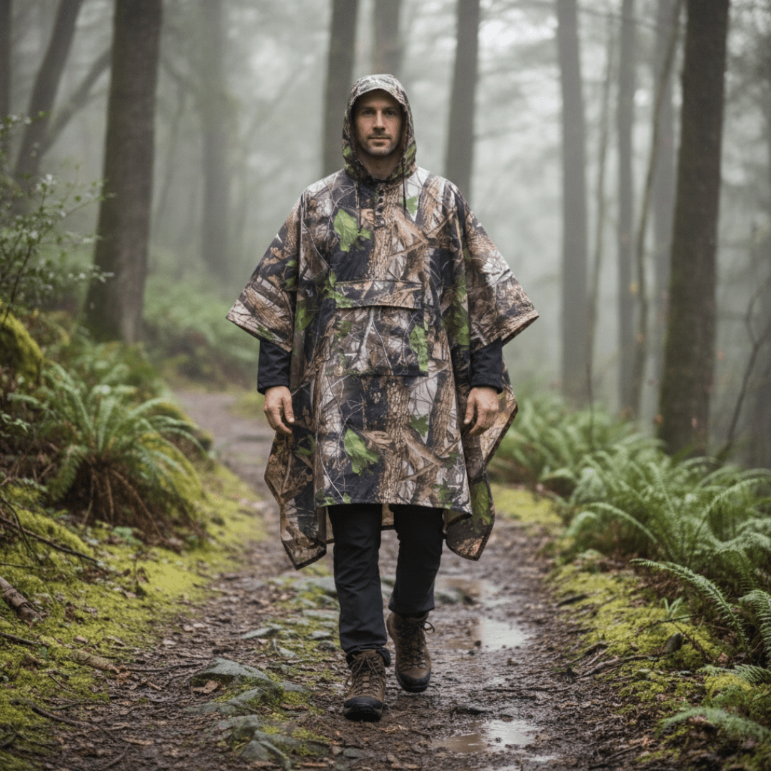 Hooded Camouflage Rain Poncho – Water-Resistant Outdoor Windbreaker – view 2