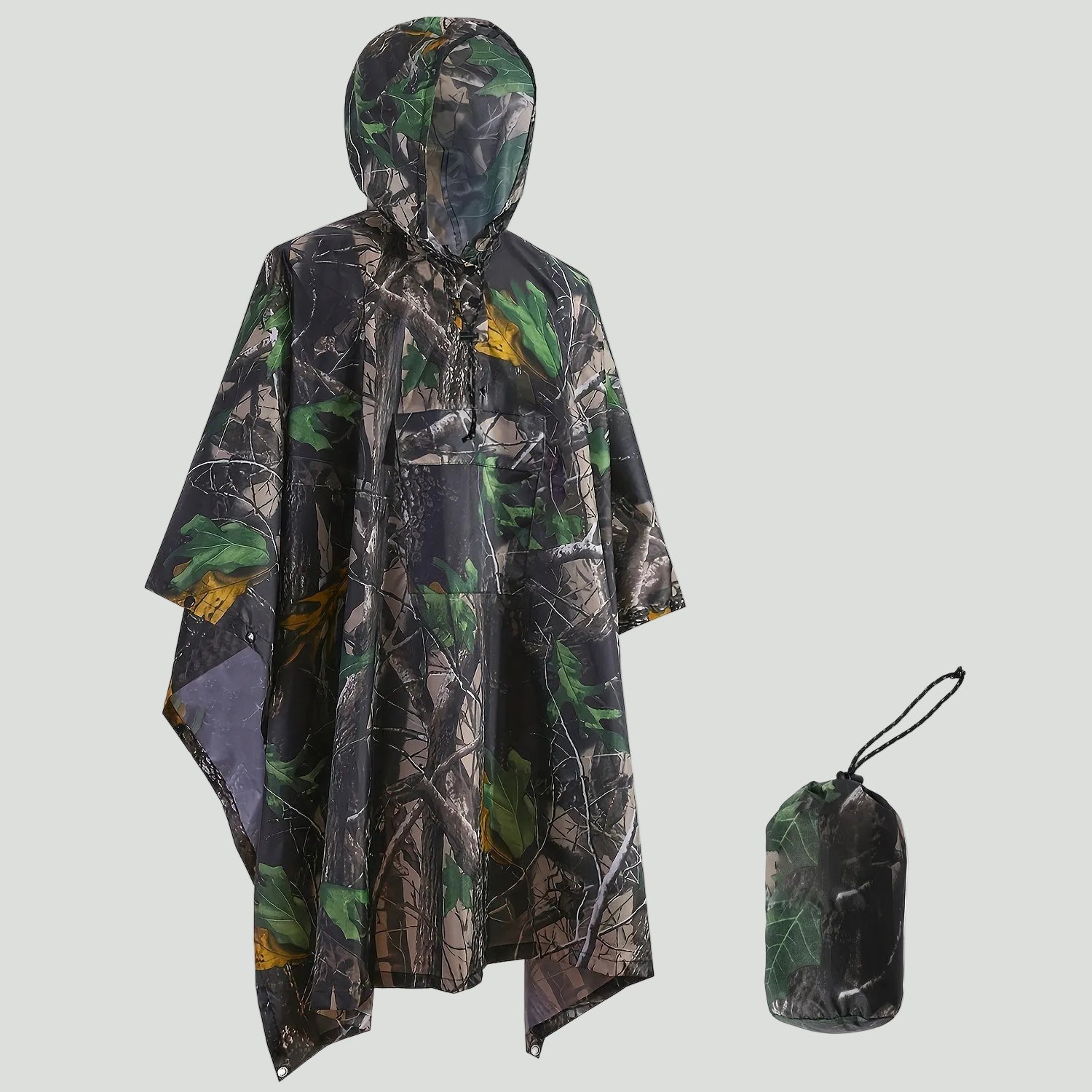 Hooded Camouflage Rain Poncho – Water-Resistant Outdoor Windbreaker – view 13